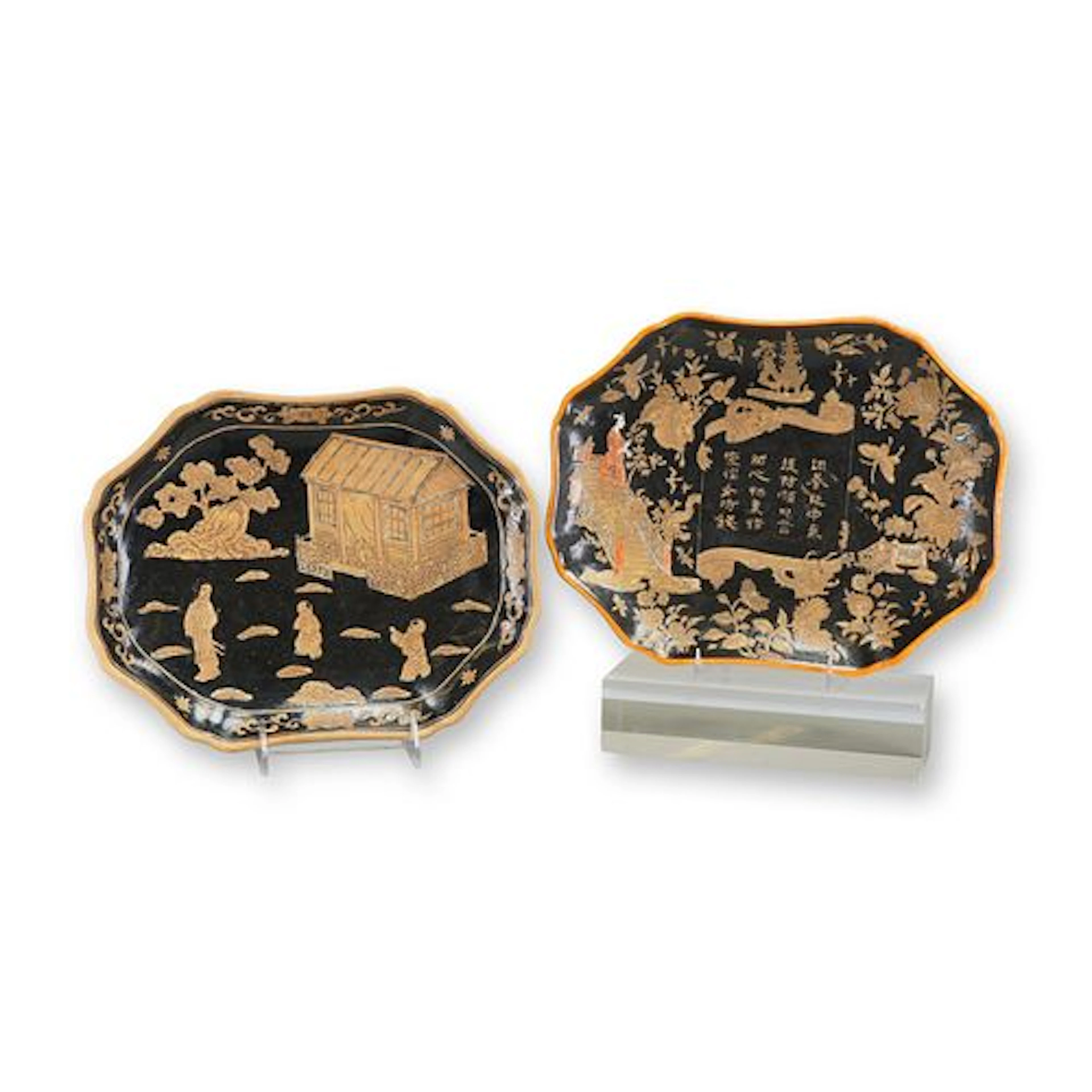 2pc Qing Dynasty Chinese Gilt and Polychrome Decorated Black-Ground