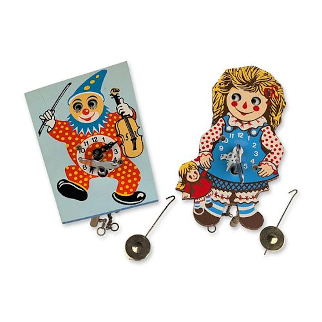 Pair of German Miniature Novelty Wood Wall Clocks
