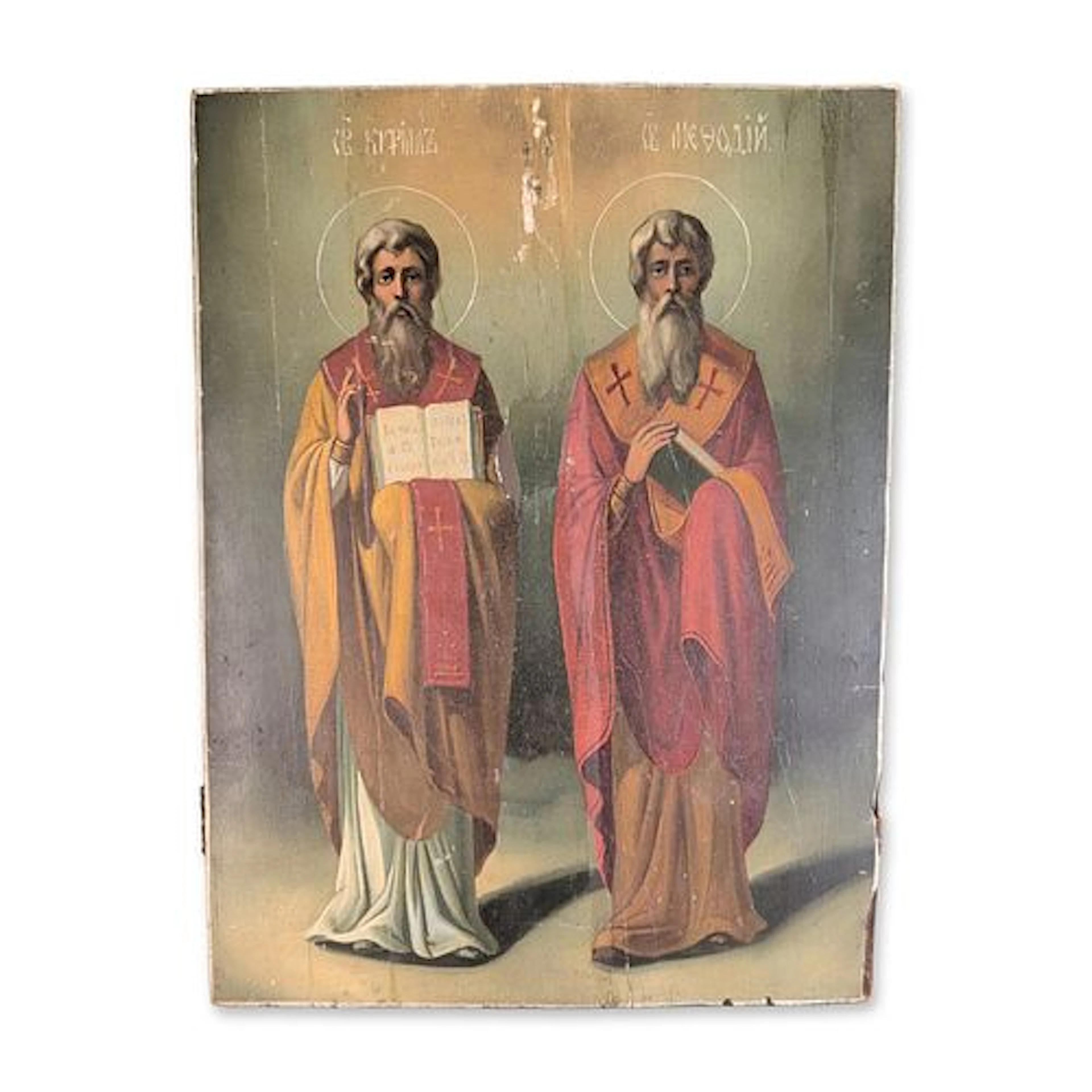Russian Oil on Wooden Board Icon Saint Cyril and Methodius