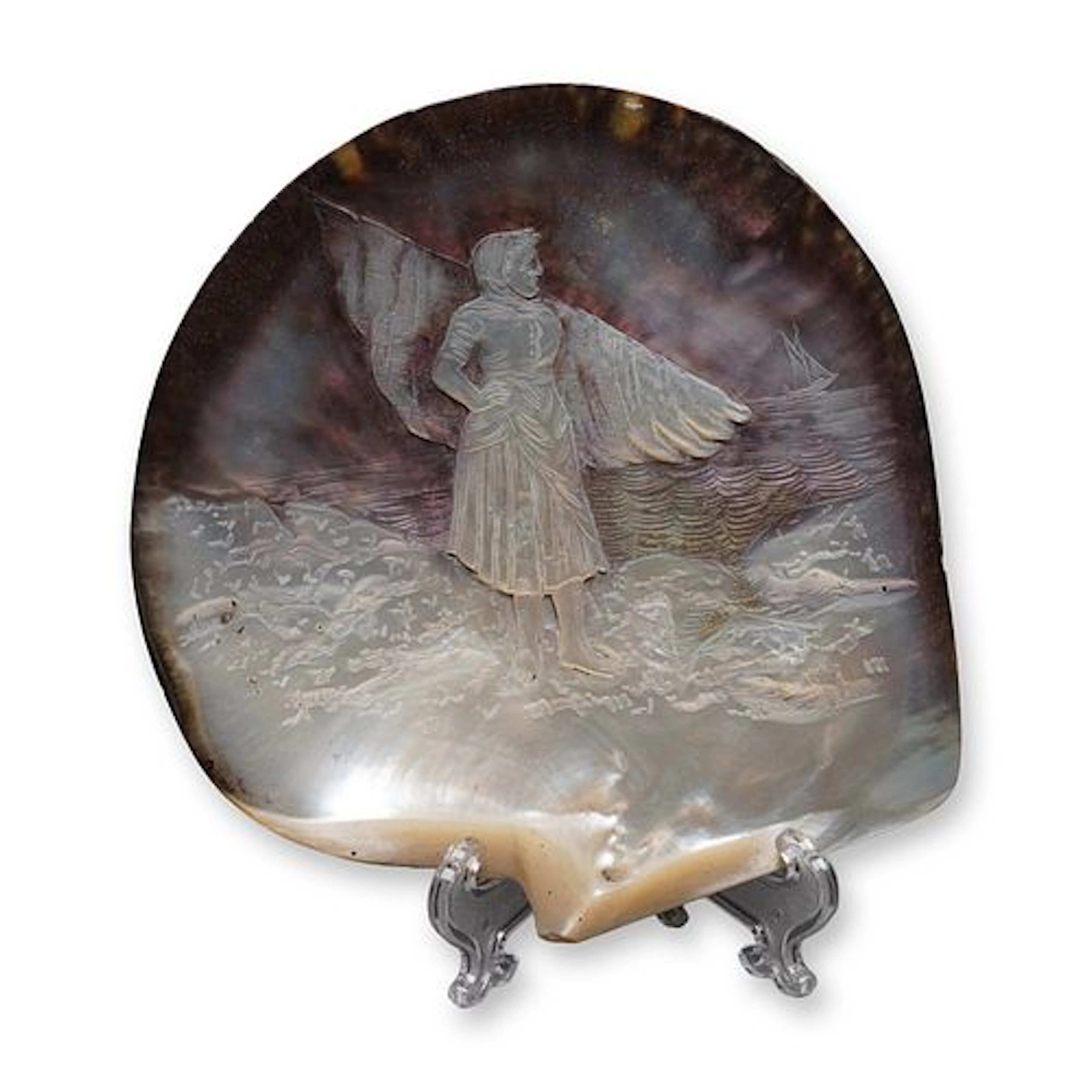 Carved Mother of Pearl Shell, Lady on Shore looking at Boat