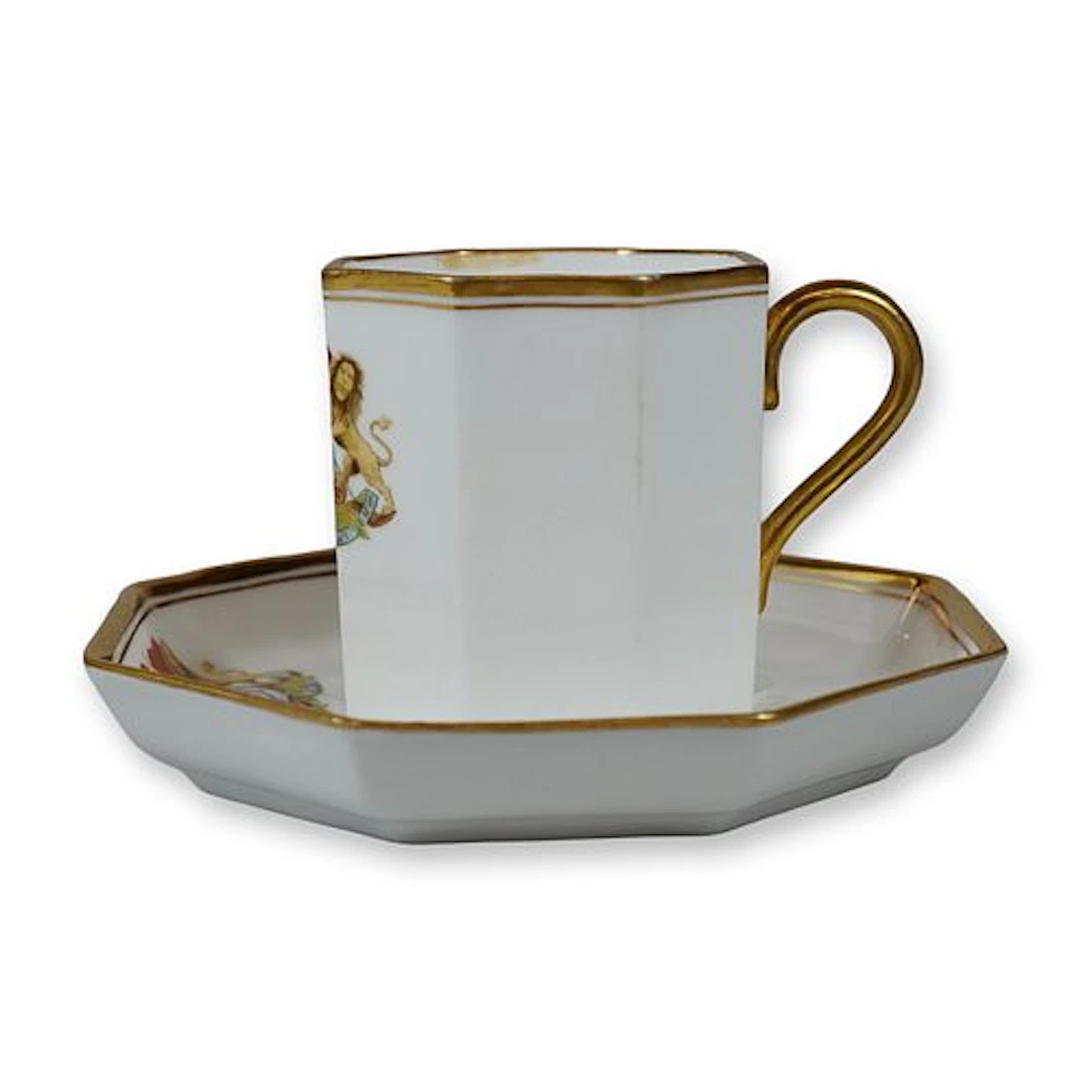 2pc Wedgwood Bone China Octagonal Cup and Saucer with Islamic Armorial