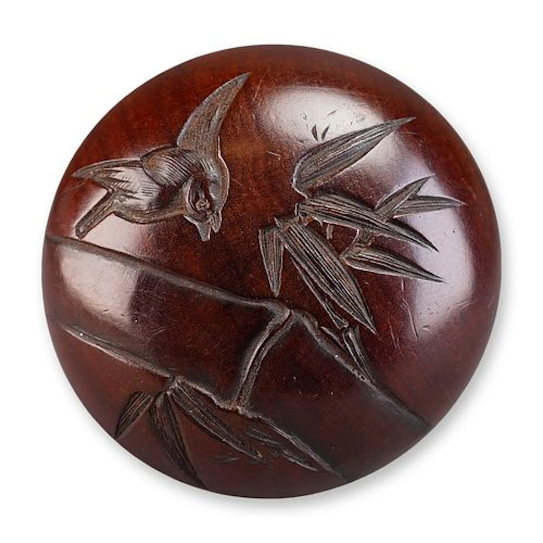 Japanese Wood Manju Netsuke, Bird & Bamboo Signed