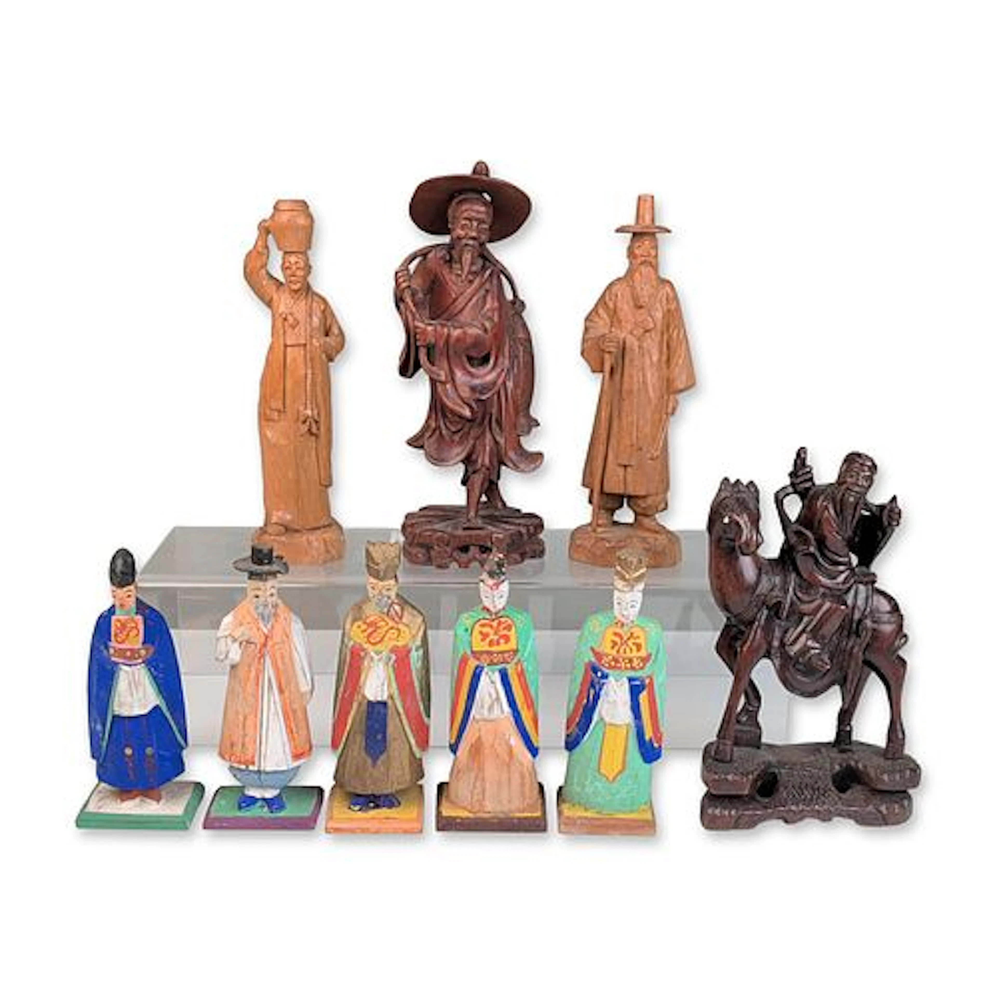 9pc Korean and Hong Kong Hand Carved Wood Figurines