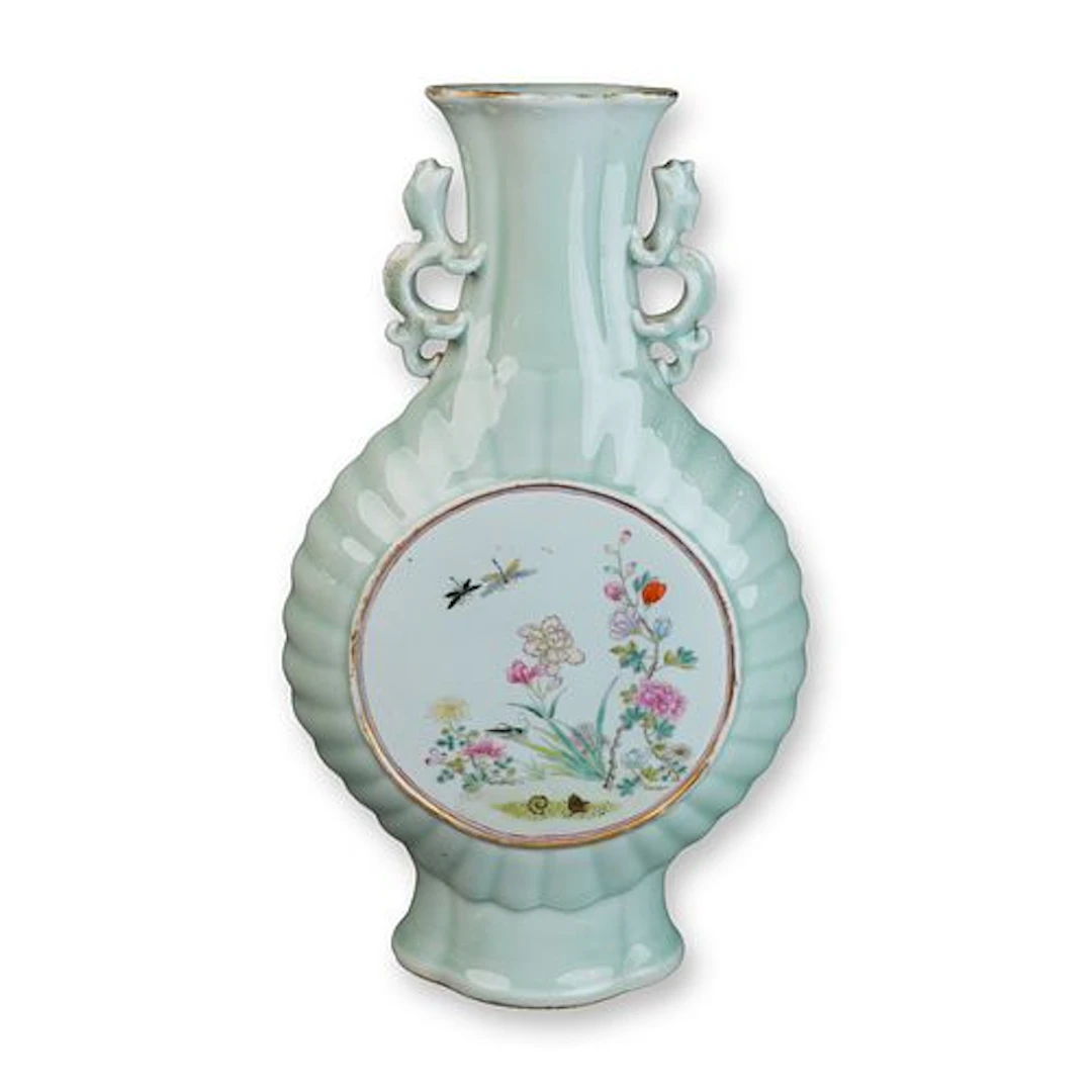 Chinese Famille Rose Celadon Moonflask Vase Lamp Base with Dragon
