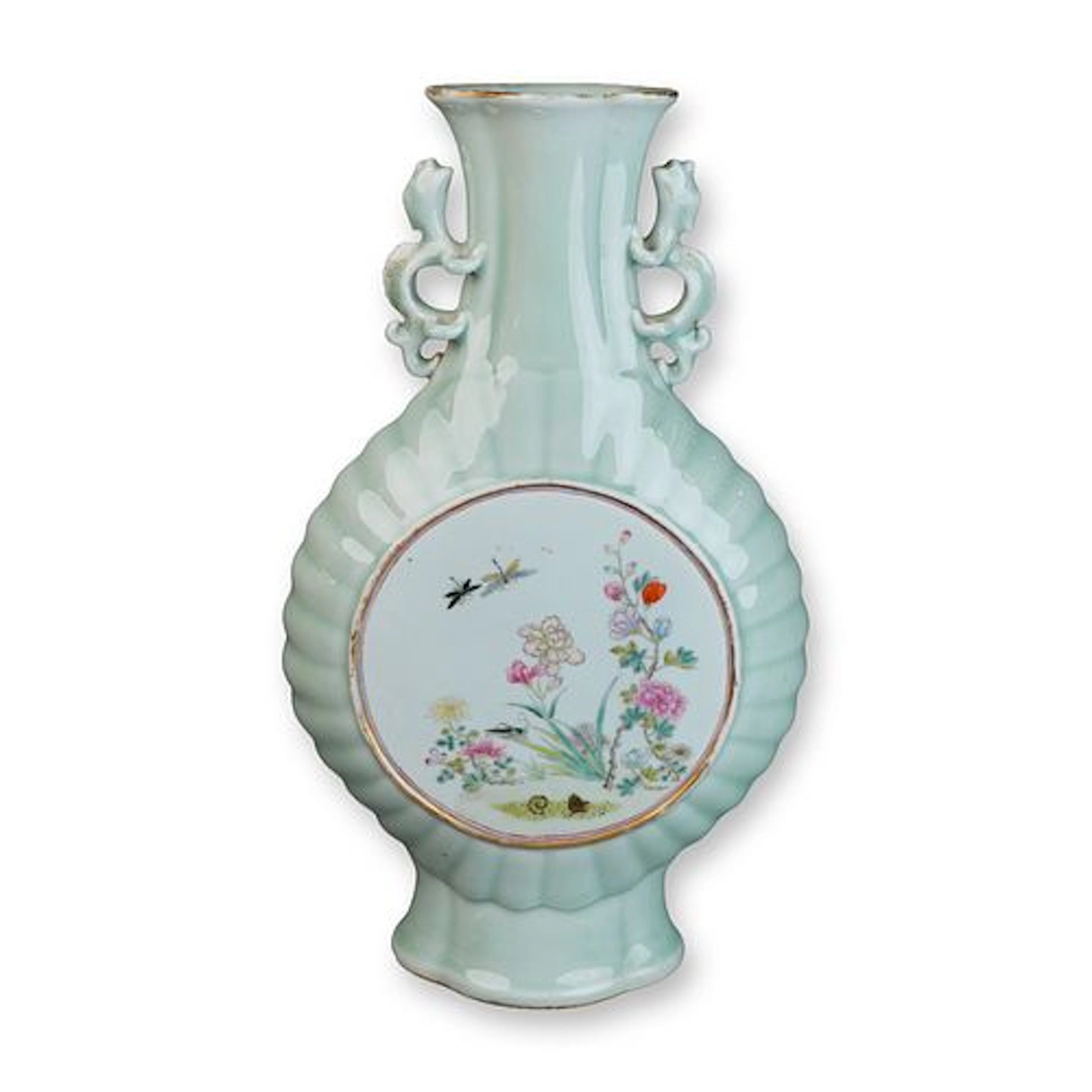 Chinese Famille Rose Celadon Moonflask Vase Lamp Base with Dragon