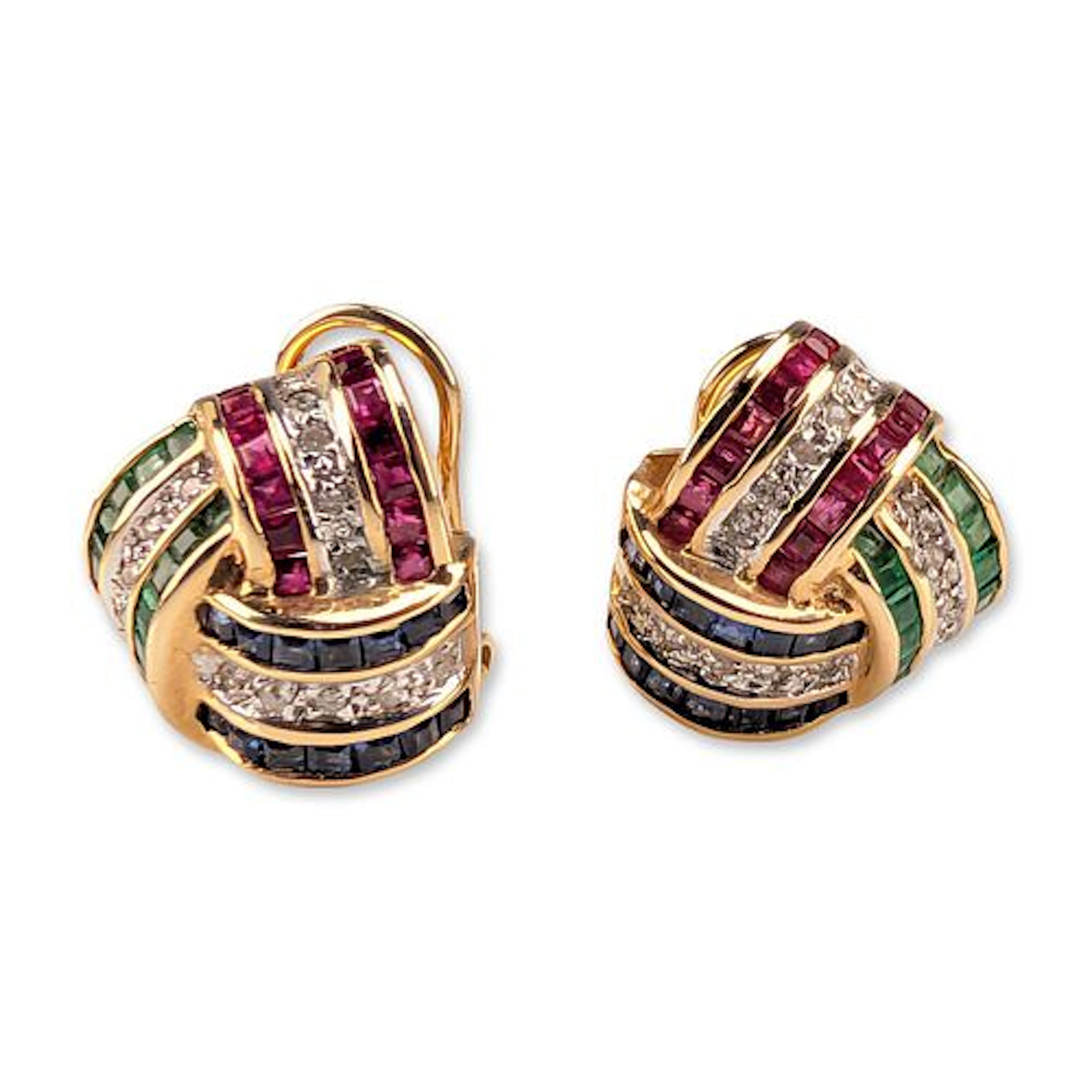 Pair of 14K Yellow Gold Multi-Gemstone Knot Earrings
