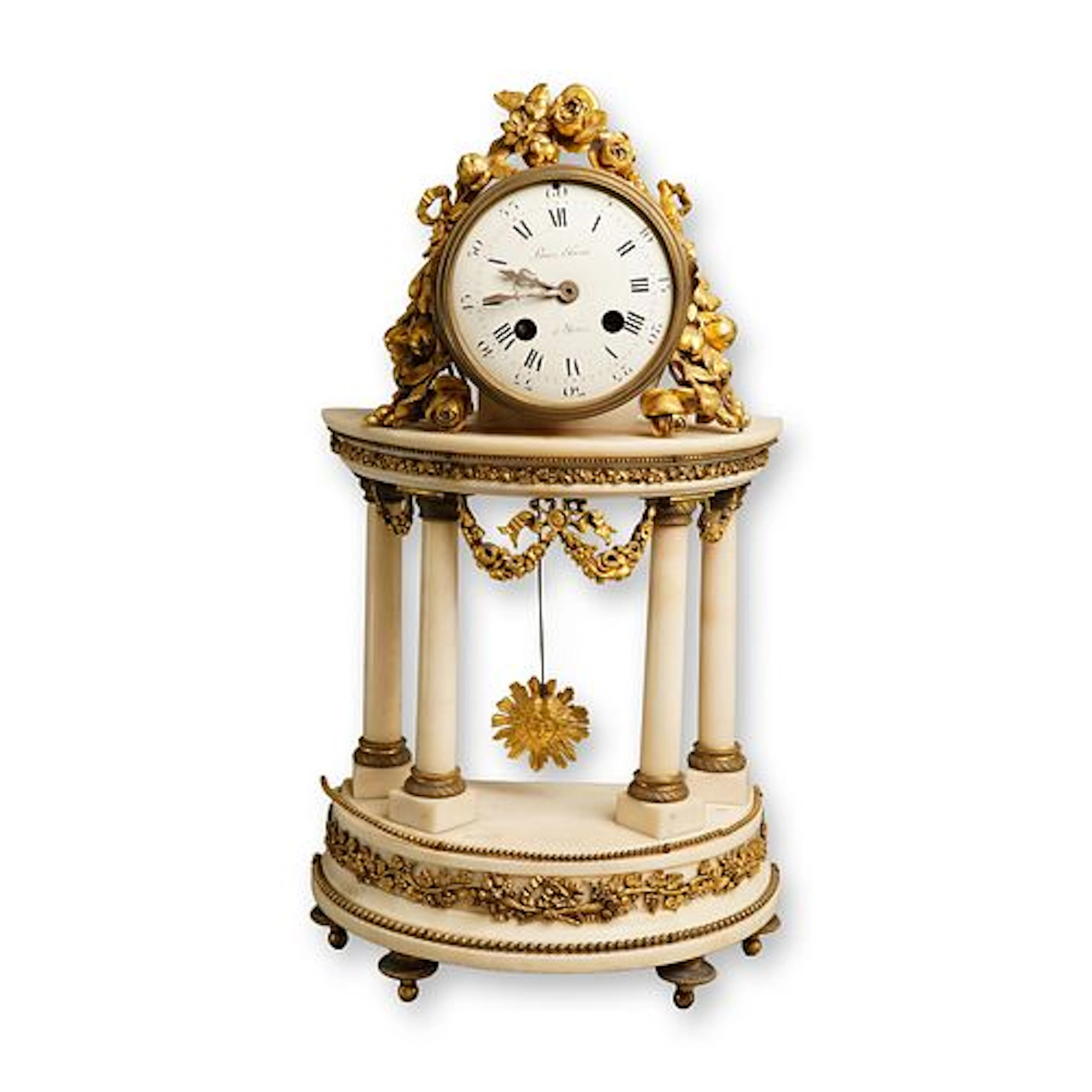 French Louis XVI Style Ormolu-Mounted White Marble Portico Clock