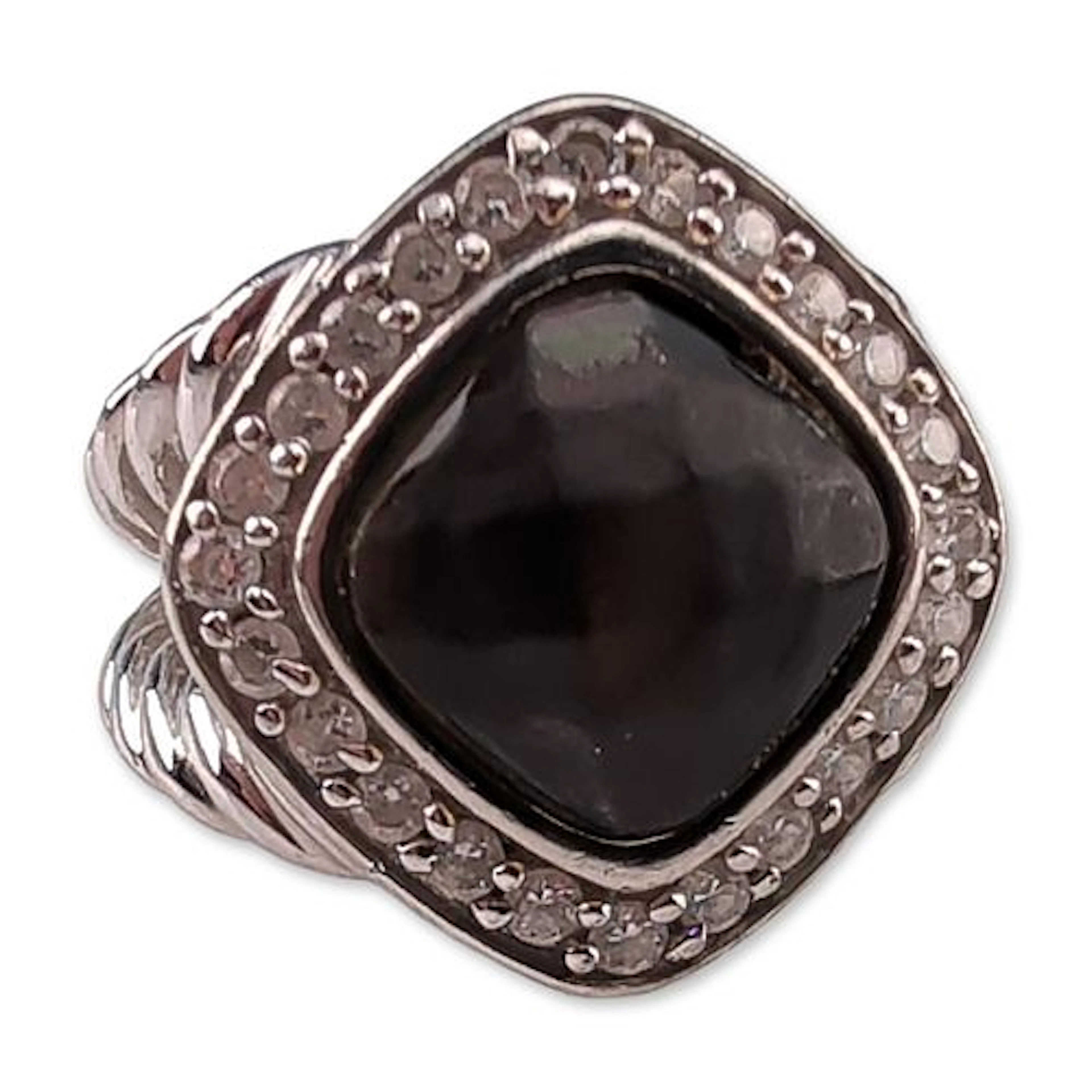 Sterling Silver Black Mother of Pearl and Clear Stone Halo Ring