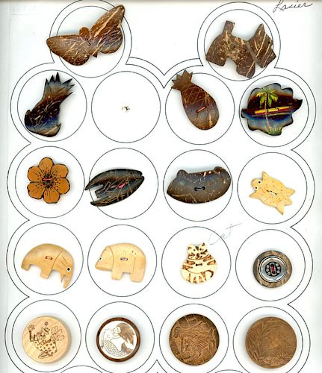 A CARD OF DIVISION ONE AND THREE WOOD BUTTONS