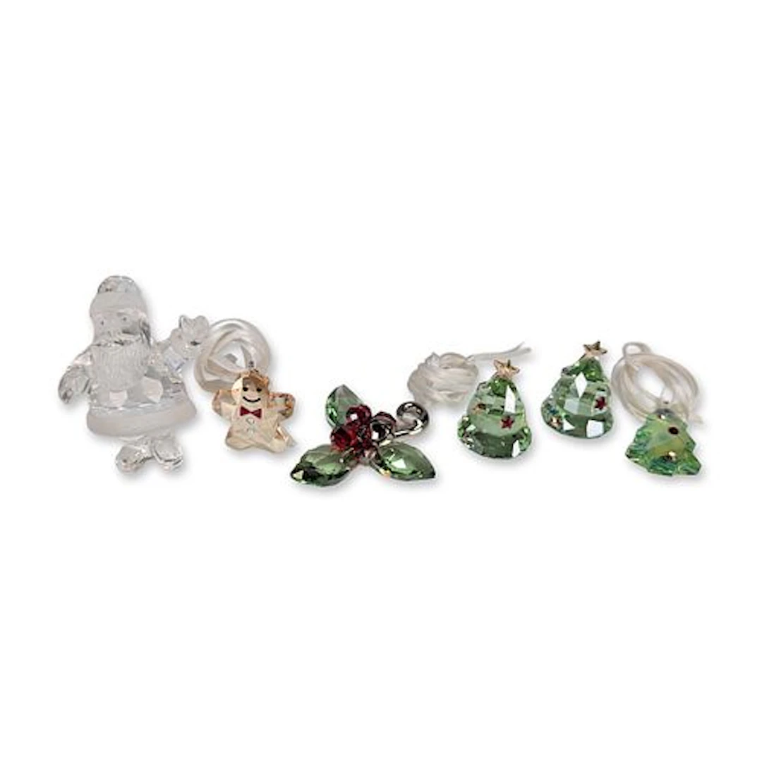 6pc Group of Swarovski Crystal Holiday Ornaments and Santa Claus Figurine