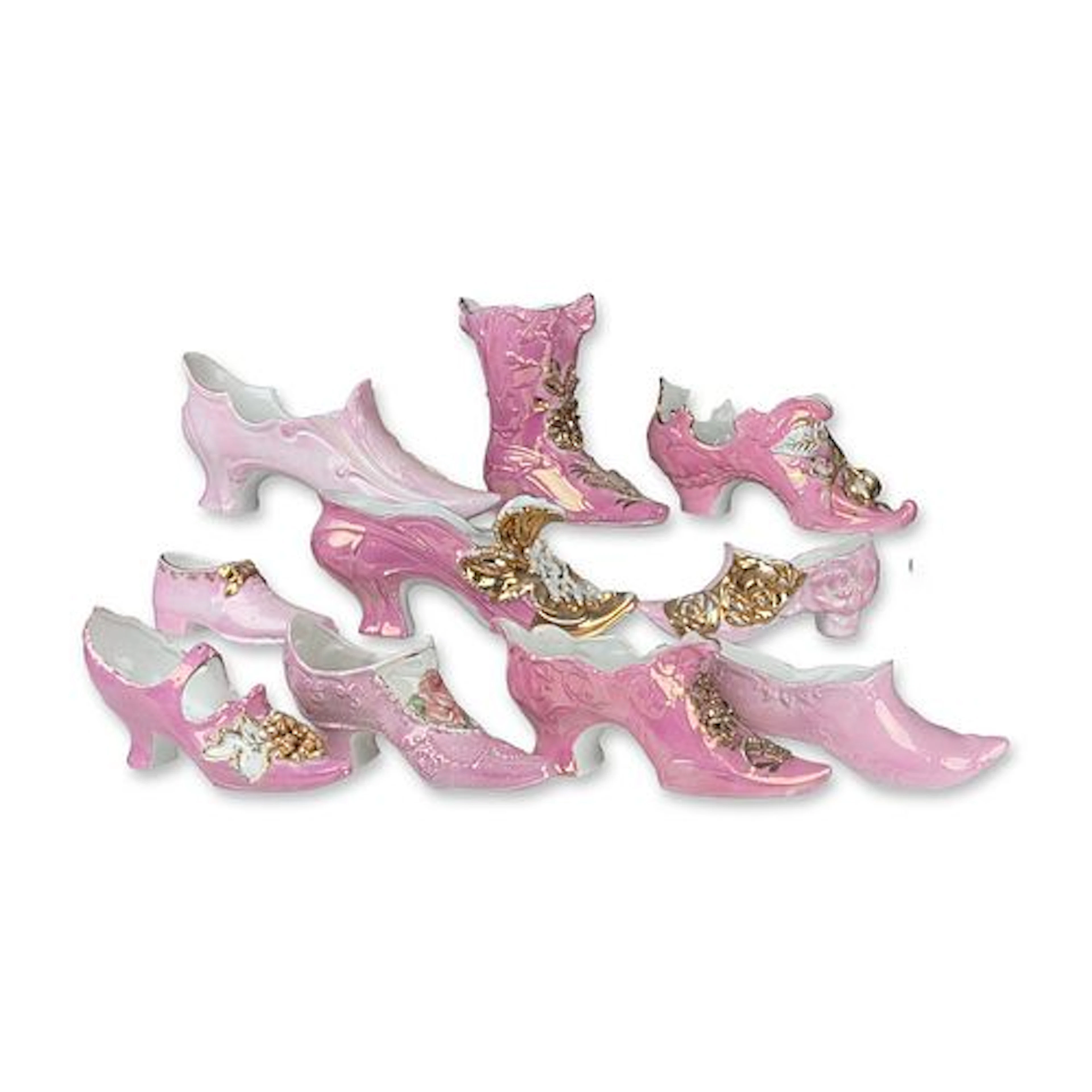 10pc Collection of German Lusterware Porcelain Shoe Figurines
