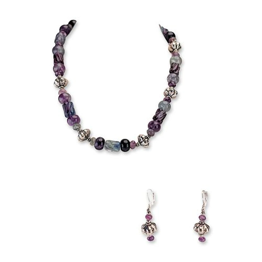 2pc 860 Silver Multi-Color Stone Bead Necklace and Earring Set