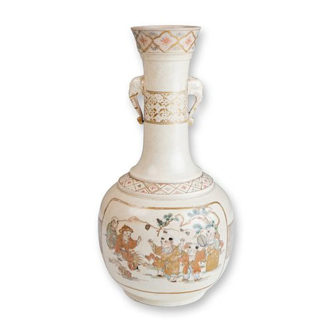 Japanese Satsuma Ducks and Boys Motif Vase