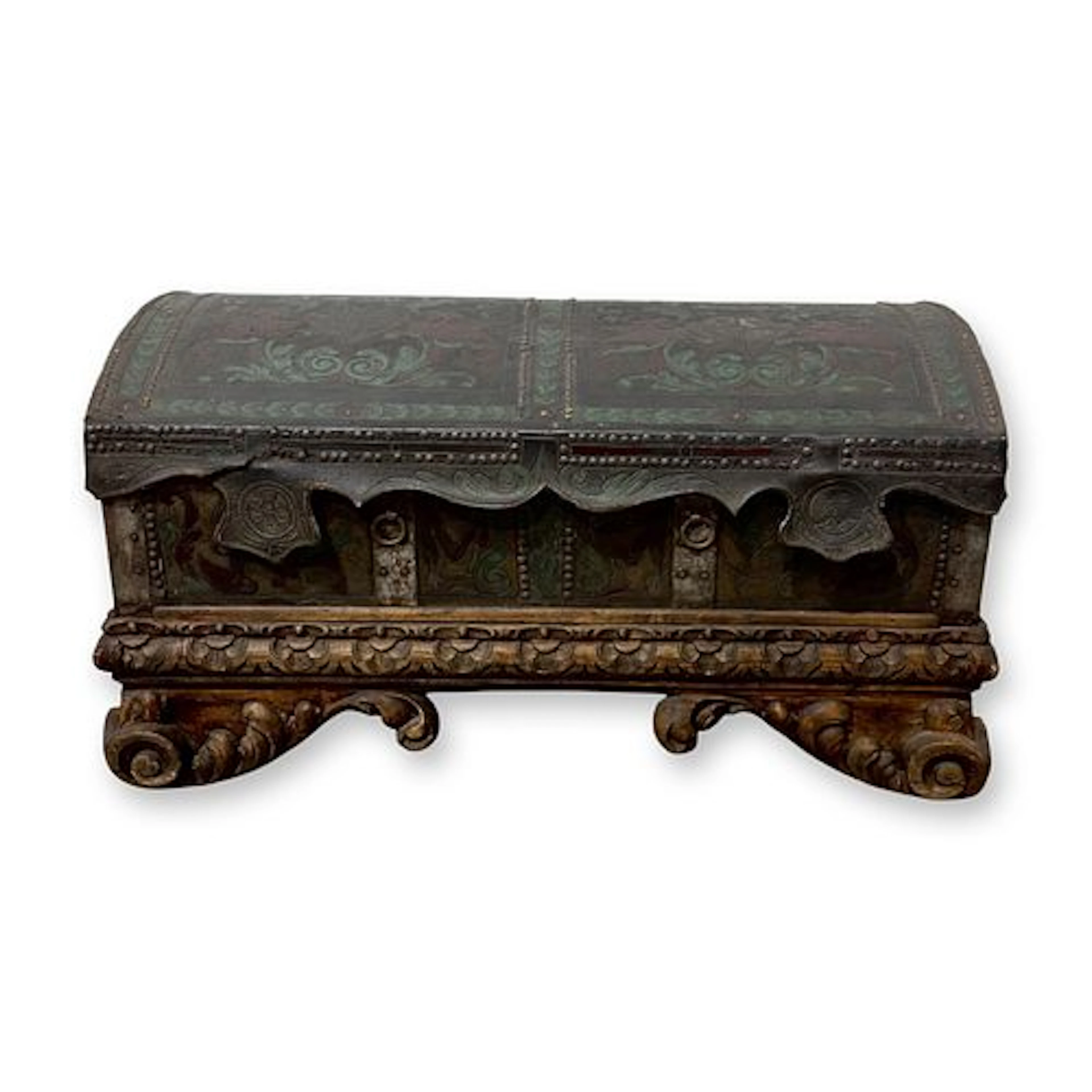 Spanish Colonial Tooled Leather Chest on Carved Wooden Base