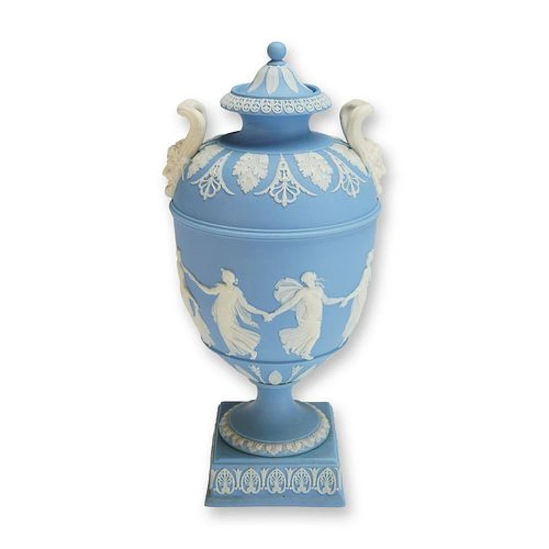 Wedgwood Pale Blue Jasperware Lidded Vase, Dancing Hours
