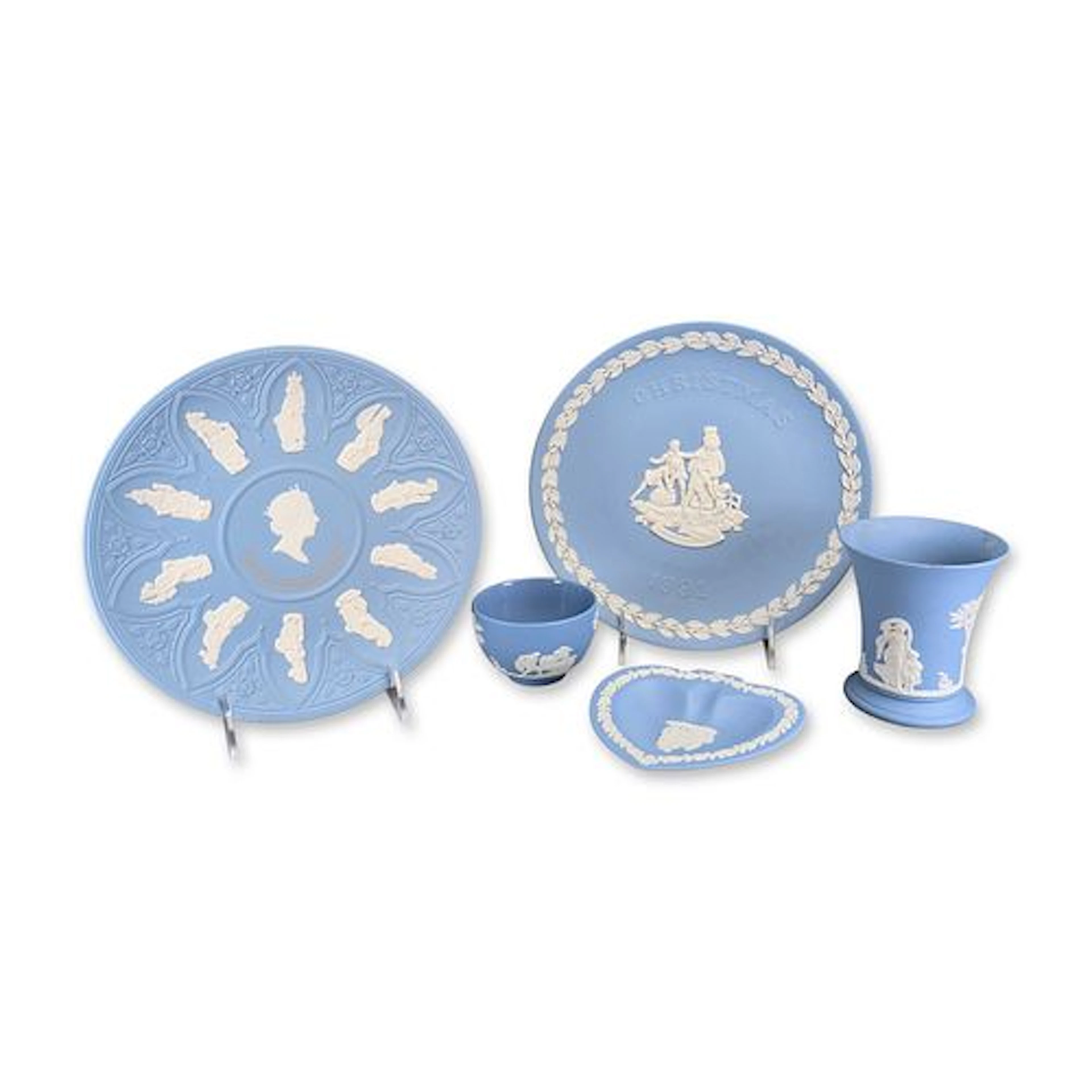 5pc Wedgwood Blue Jasperware Including Commemorative Plates and Vase