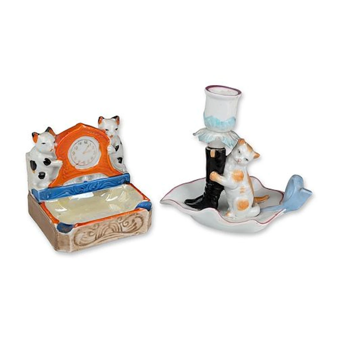 Two Japanese Porcelain Cat Themed Novelty Figurines