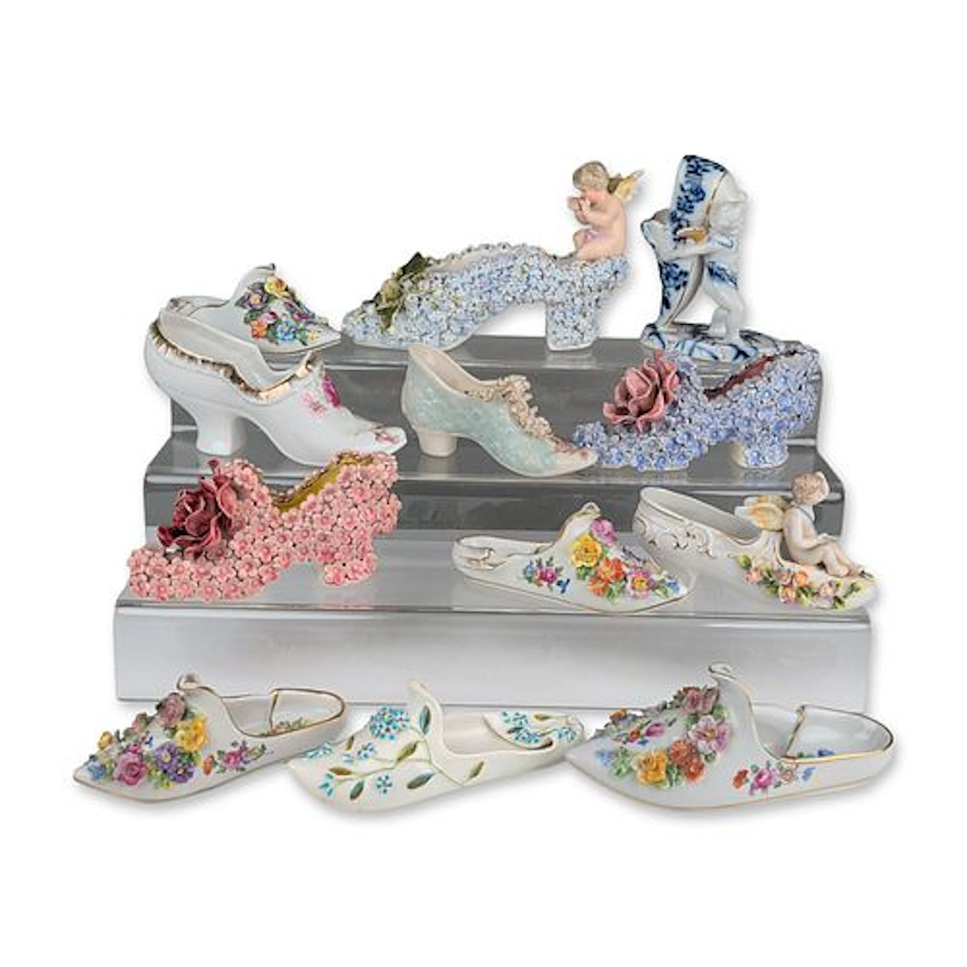 Collection of Porcelain Floral Encrusted Shoe and Slipper Figurines