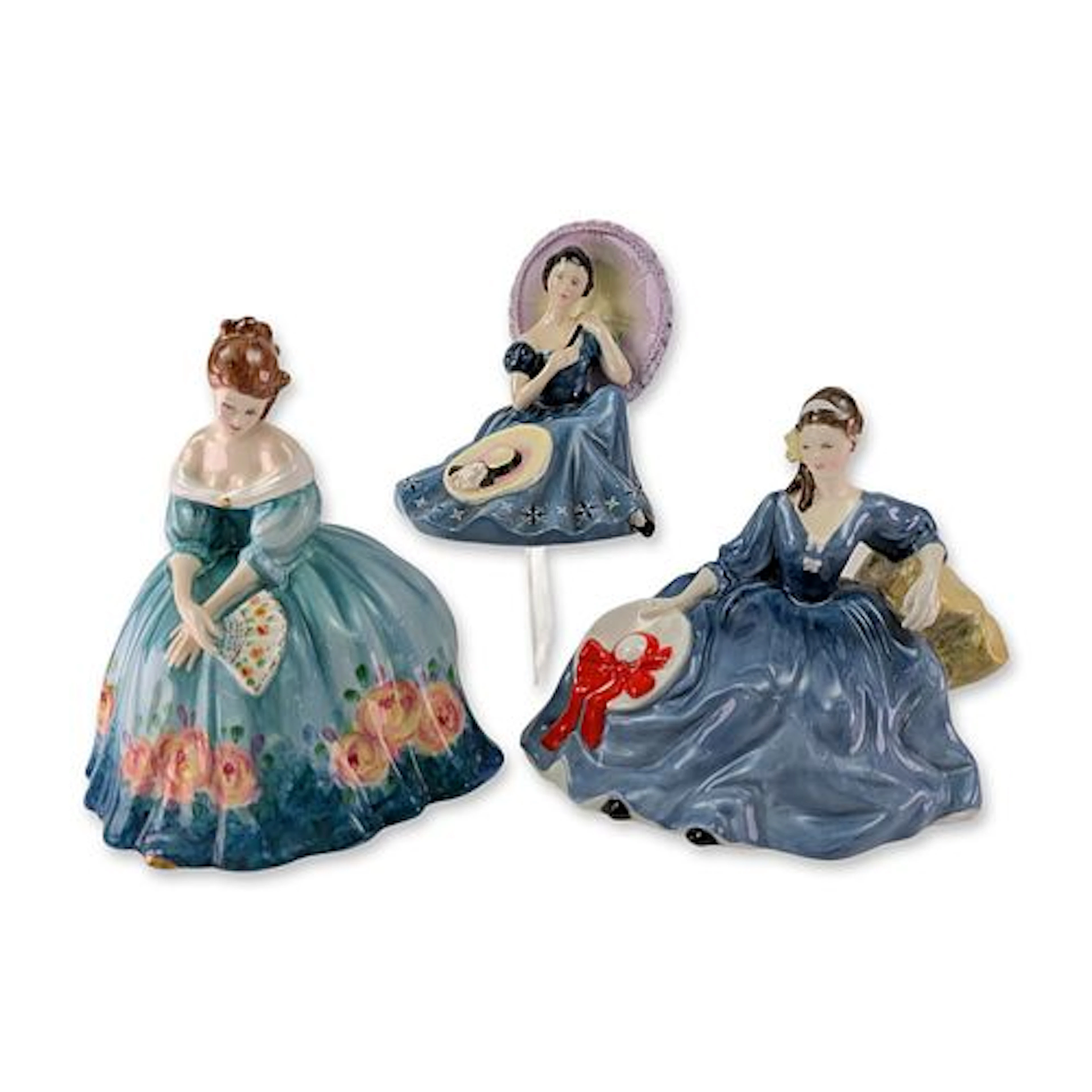 Trio of Royal Doulton England Porcelain Seated Lady Figurines