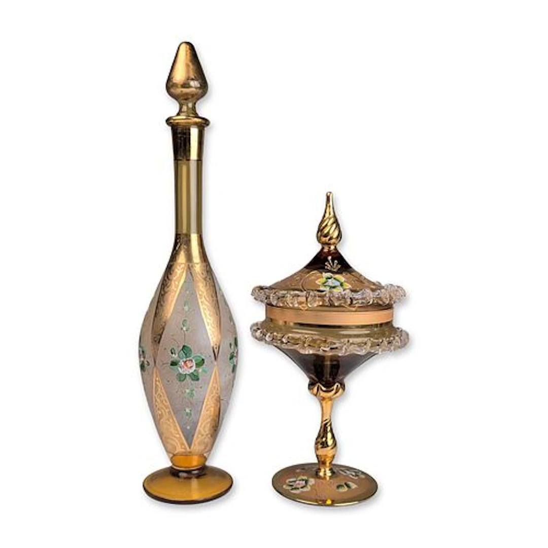 2pc Venetian Gilt and Enameled Art Glass Decorative Items