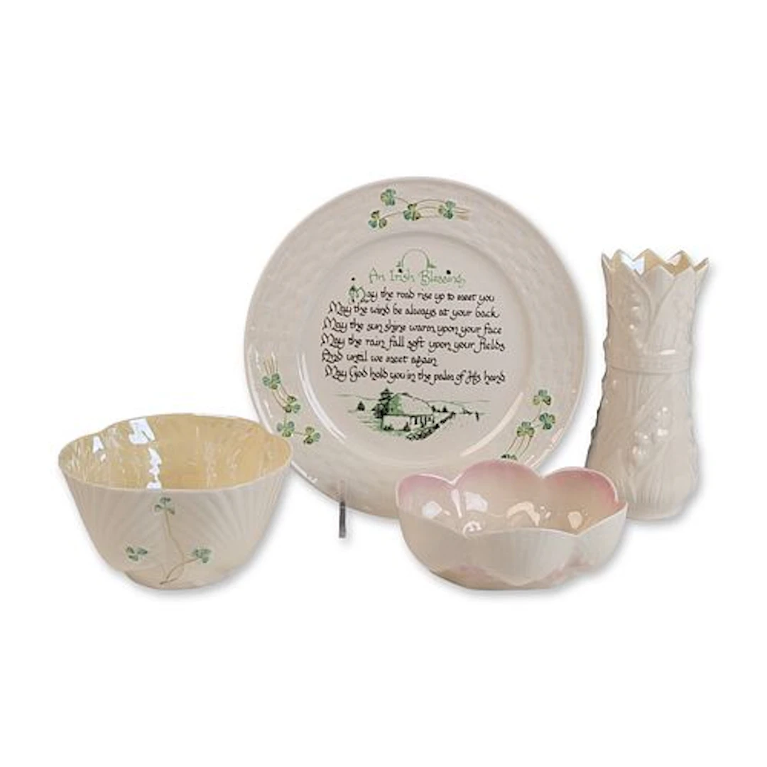 4pc Belleek Parian Porcelain Tableware, Plate, Vase, Dishes