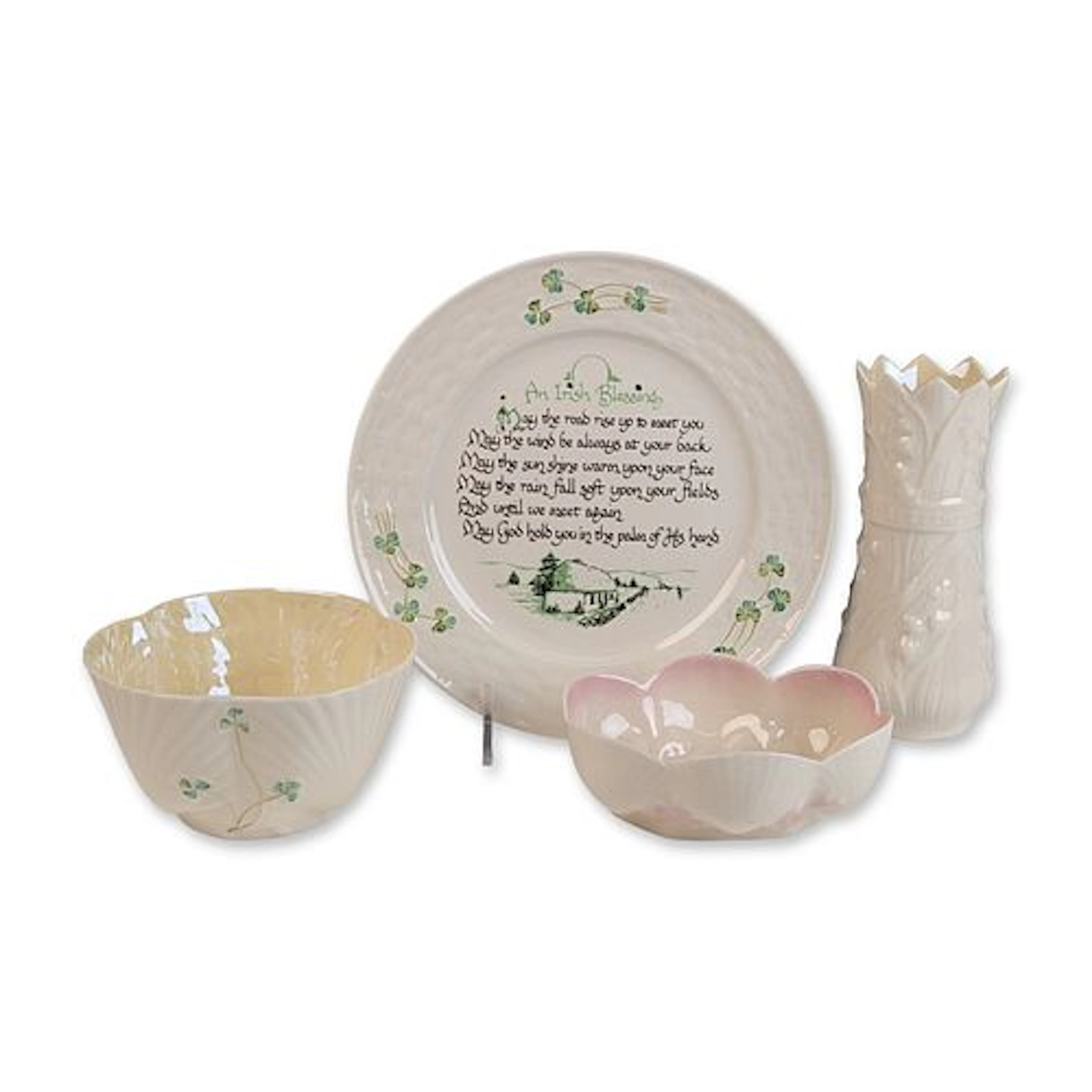 4pc Belleek Parian Porcelain Tableware, Plate, Vase, Dishes