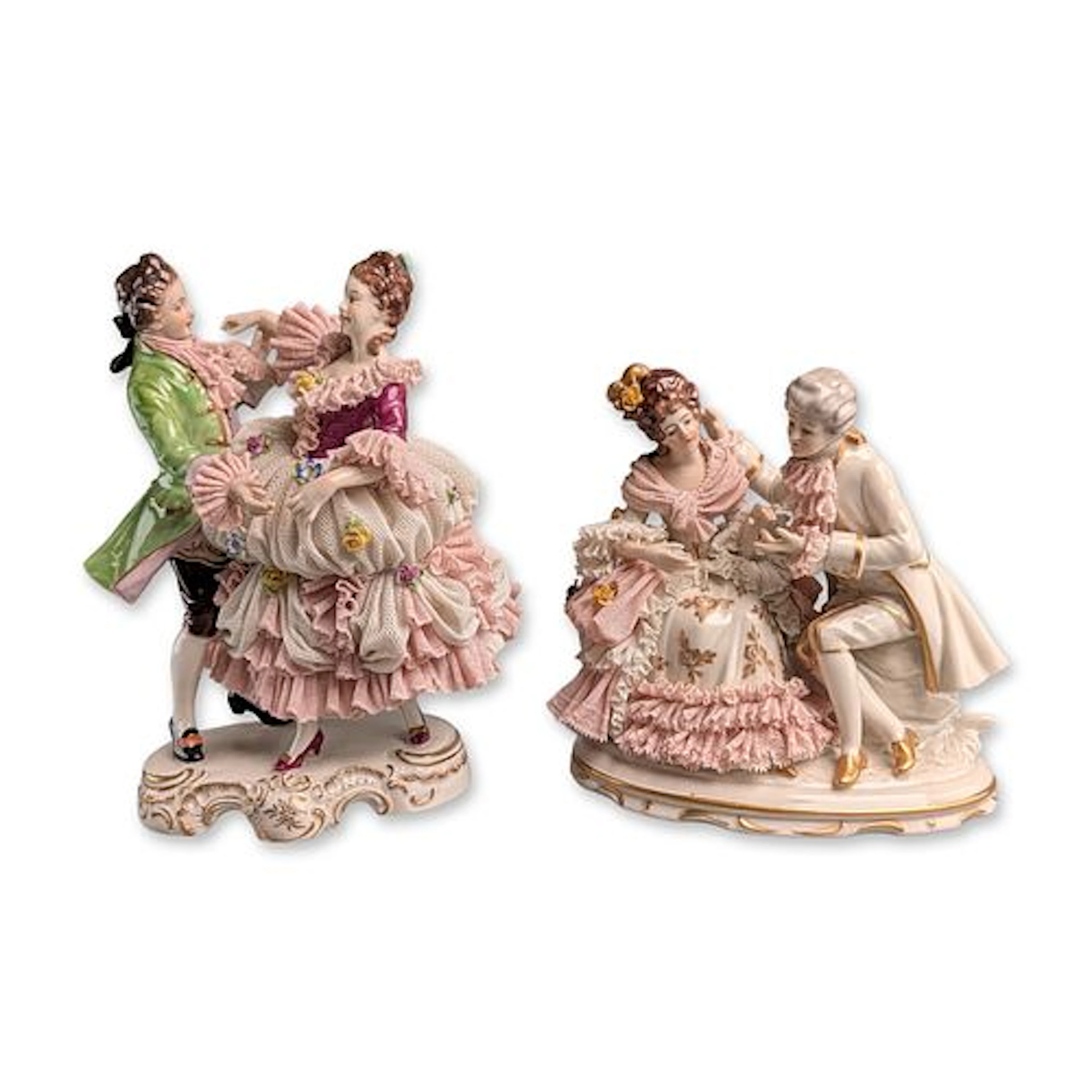 2pc Volkstedt and Dresden German Porcelain Lace Courting Figurines