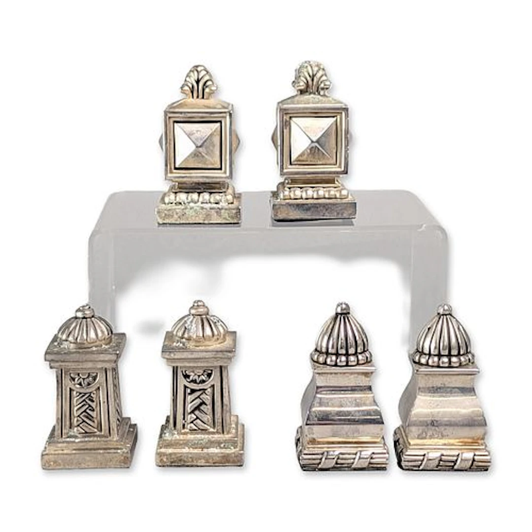 6pc Neoclassical Style Silver Plated Salt and Pepper Shakers