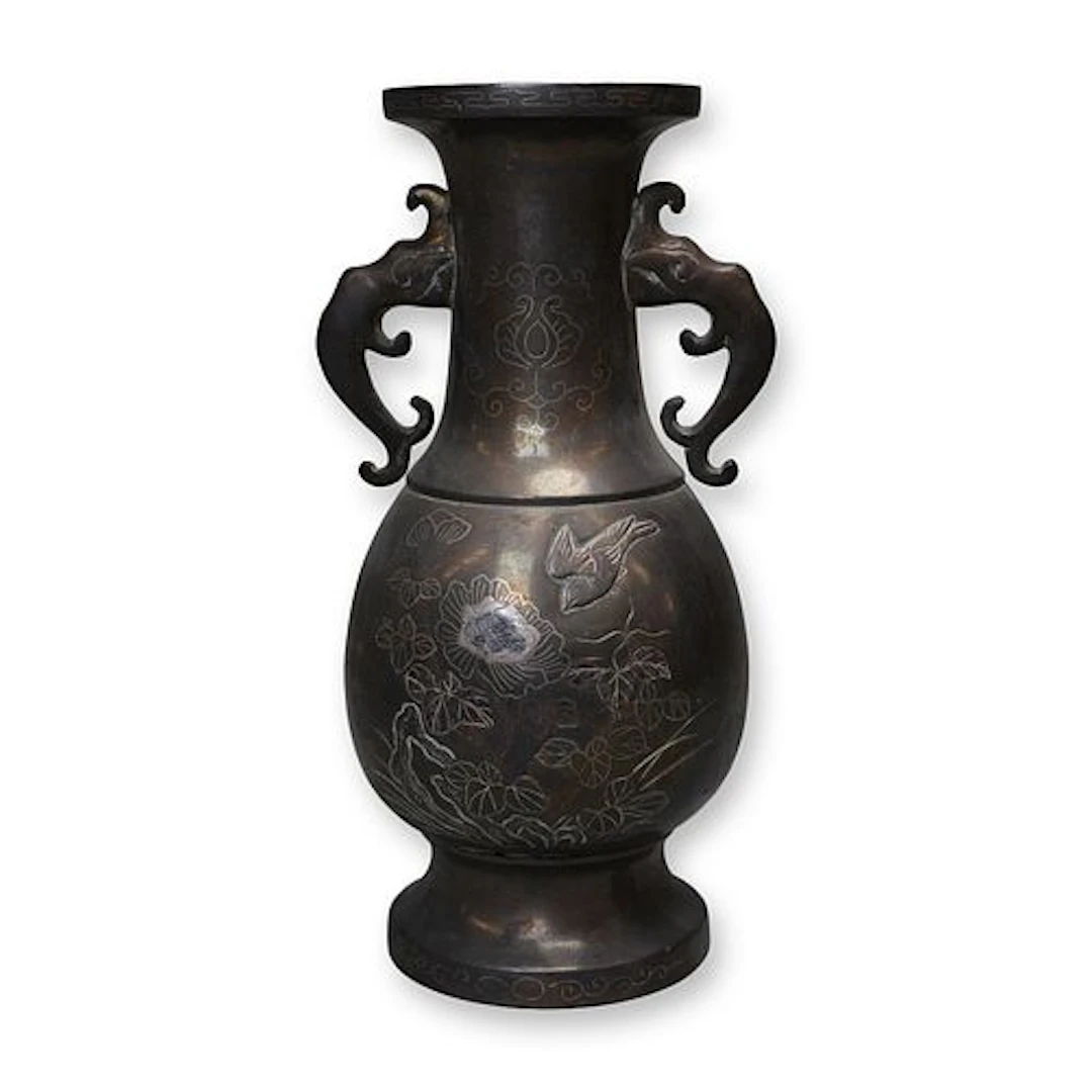 Japanese Bronze Vase Silver Inlay of Flowers and Birds