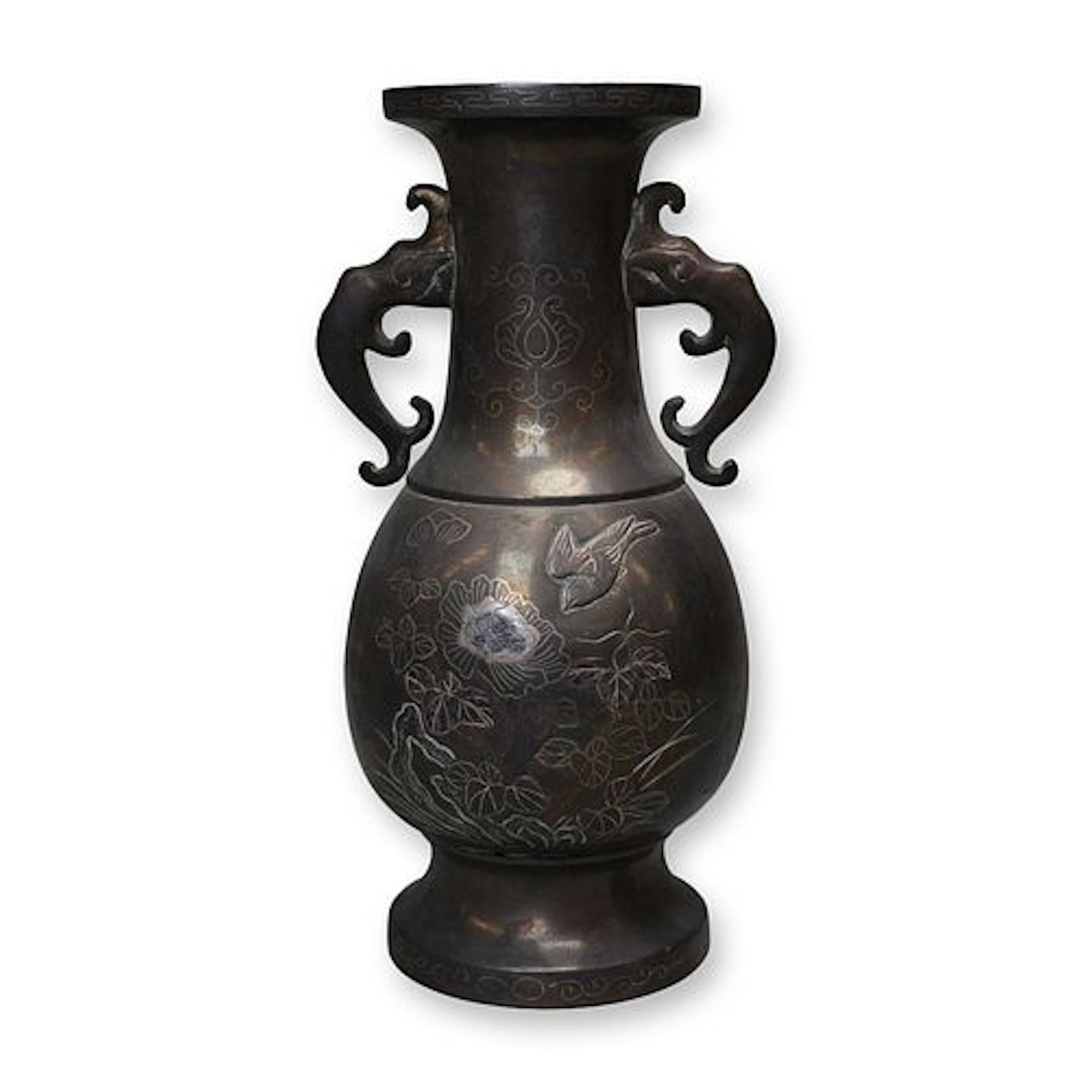 Japanese Bronze Vase Silver Inlay of Flowers and Birds