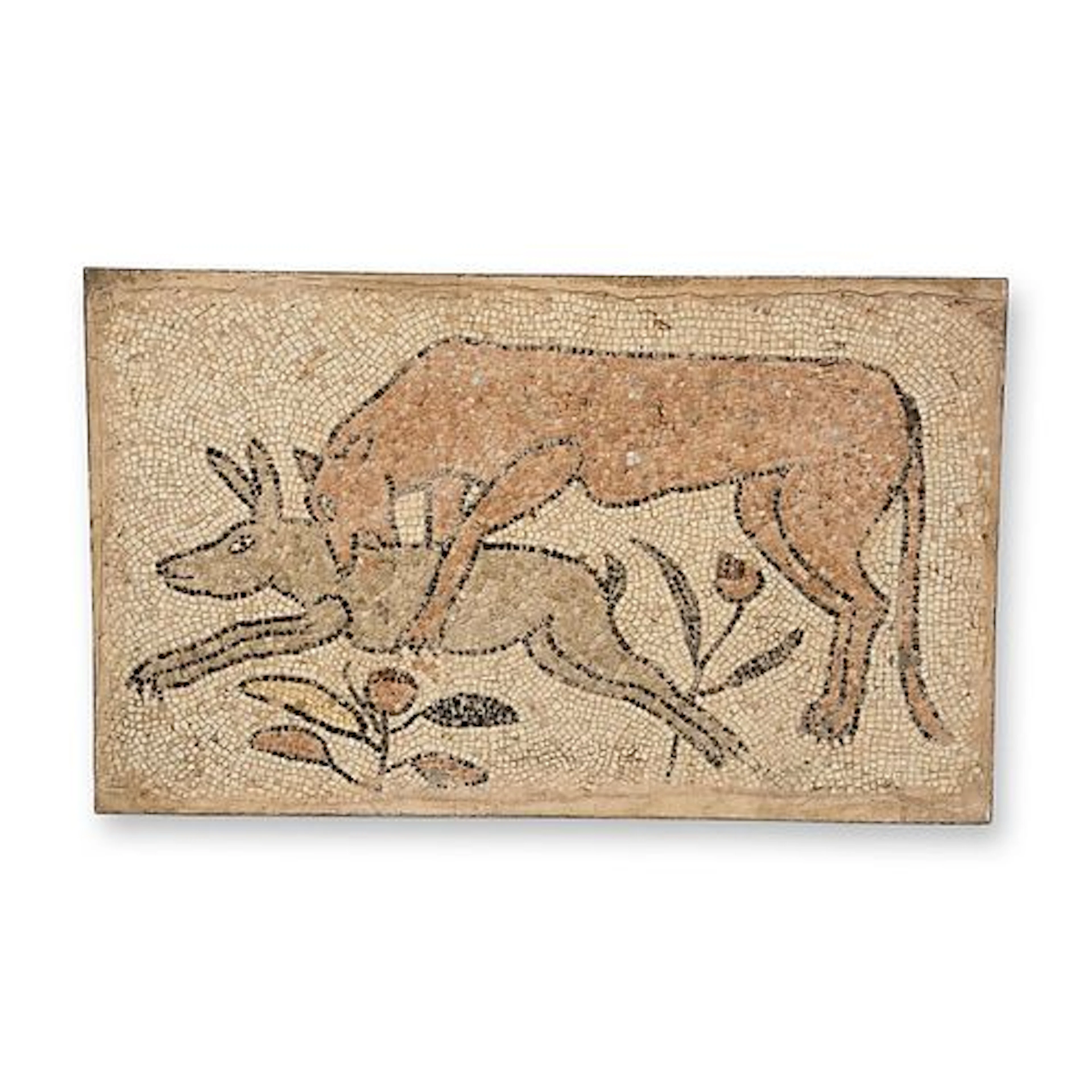 Iron Frame Roman Mosaic of Rabbit and Lioness Panel