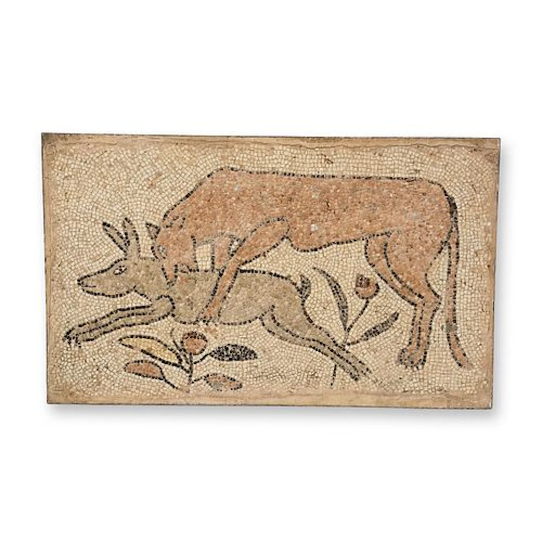 Iron Frame Roman Mosaic of Rabbit and Lioness Panel