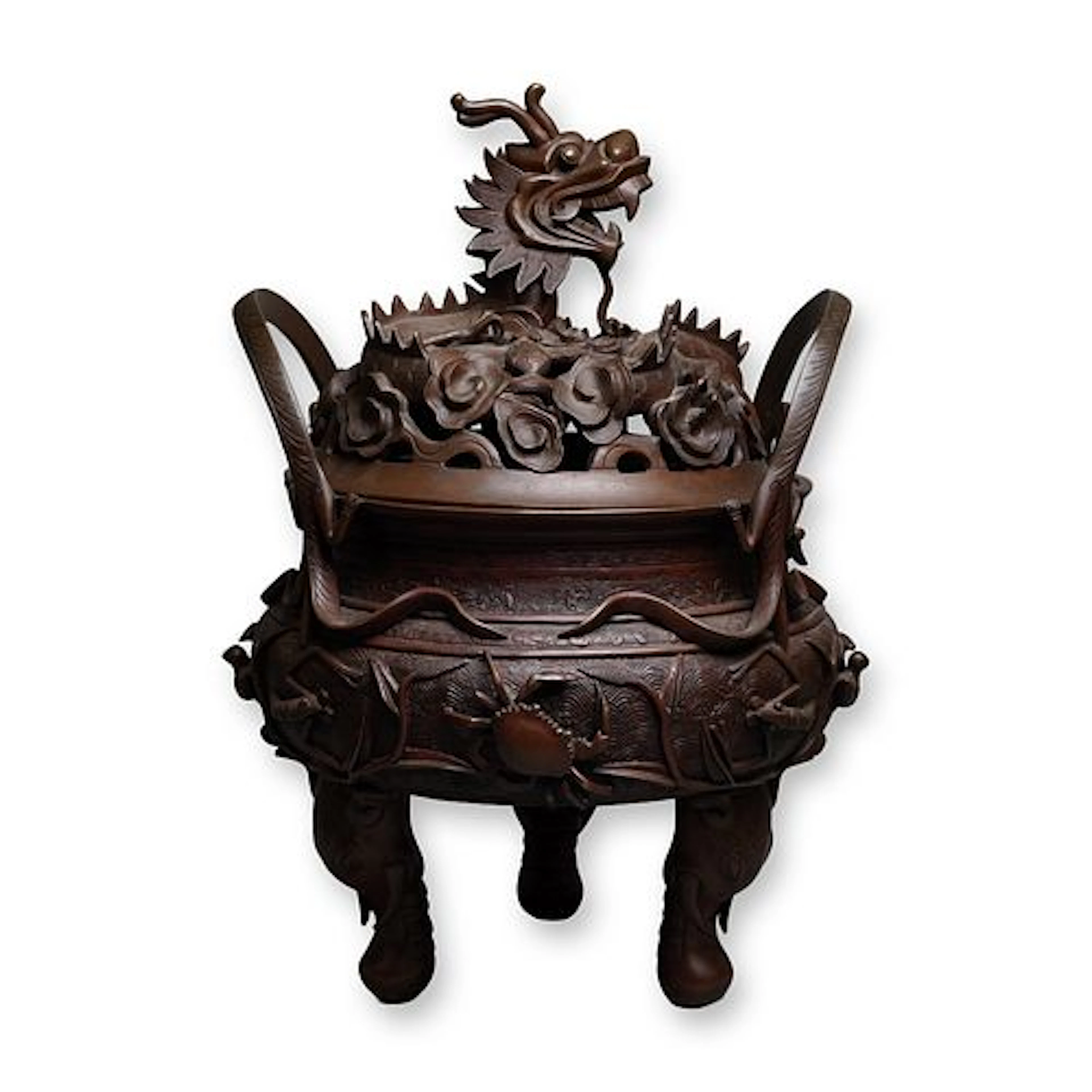 Chinese Bronze Tripod Censer, Dragon and Sealife