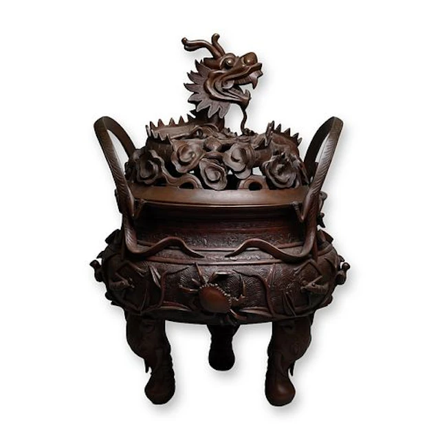 Large Chinese Bronze Tripod Censer / Incense Burner, Dragon Cover