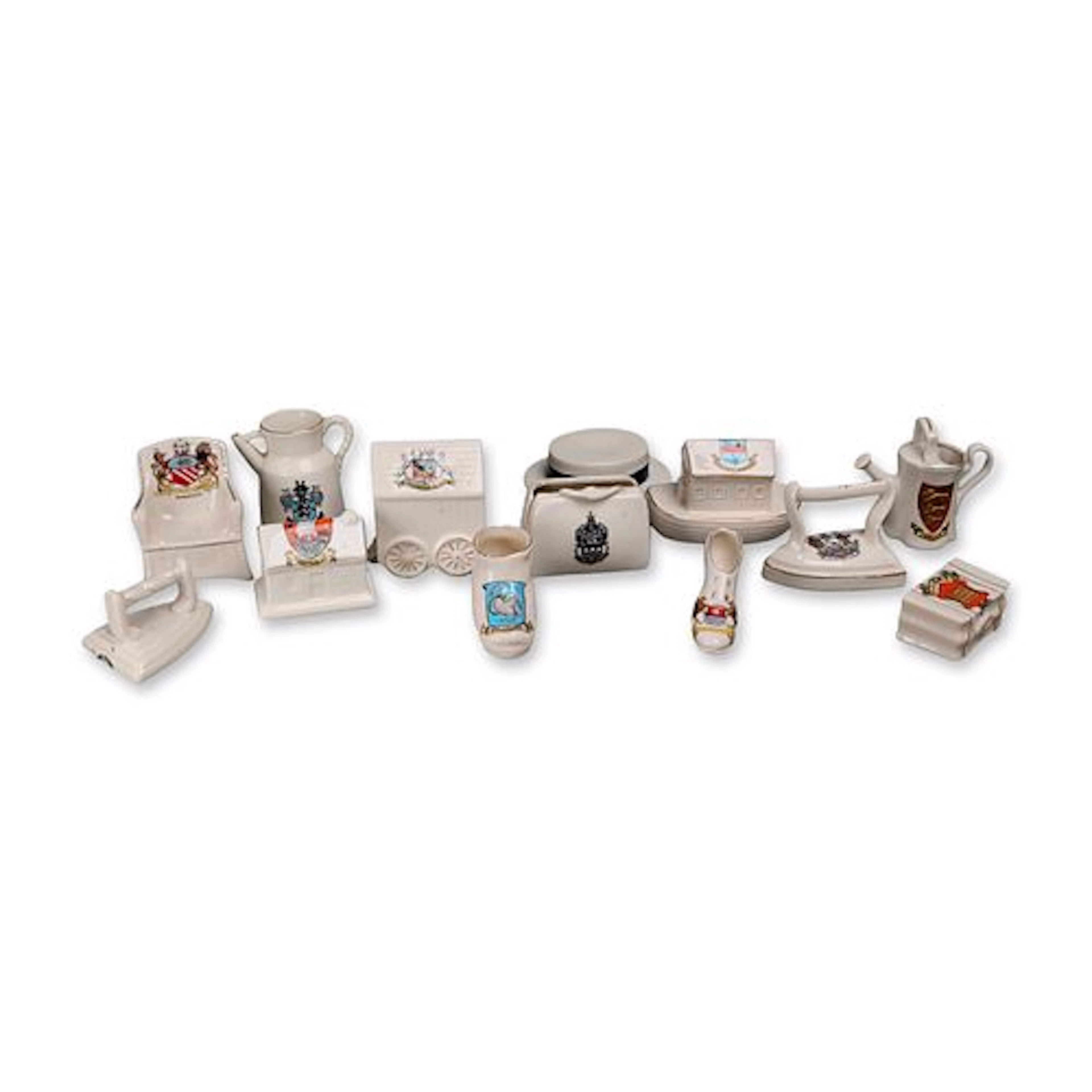 13pc British Crested Ware Porcelain Souvenir Figurines