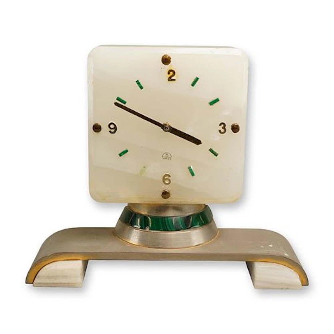 French Onyx and Malachite Art Deco Clock, Early 20th Century