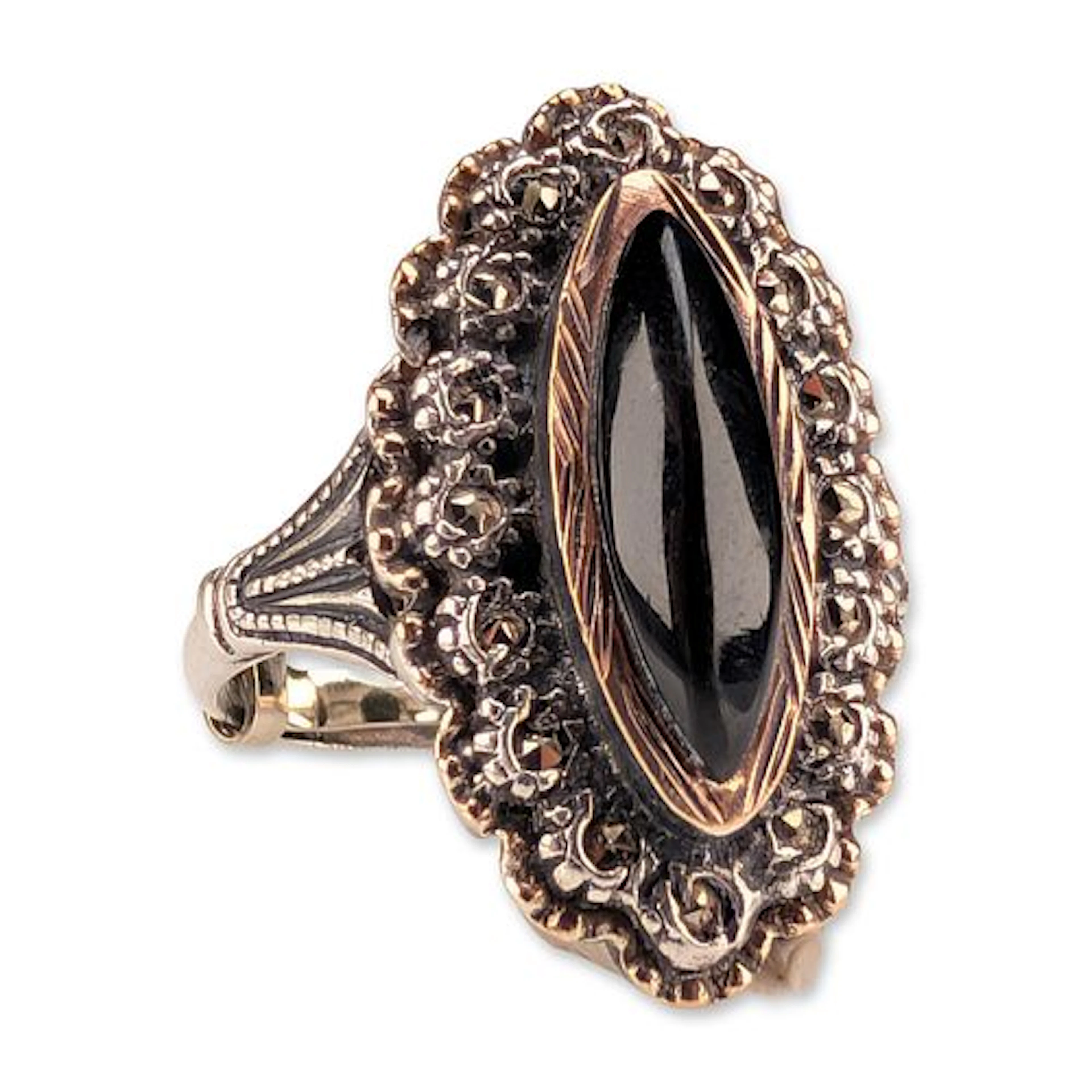 Vintage Sterling Silver and Gold Marcasite and Black Onyx Ring