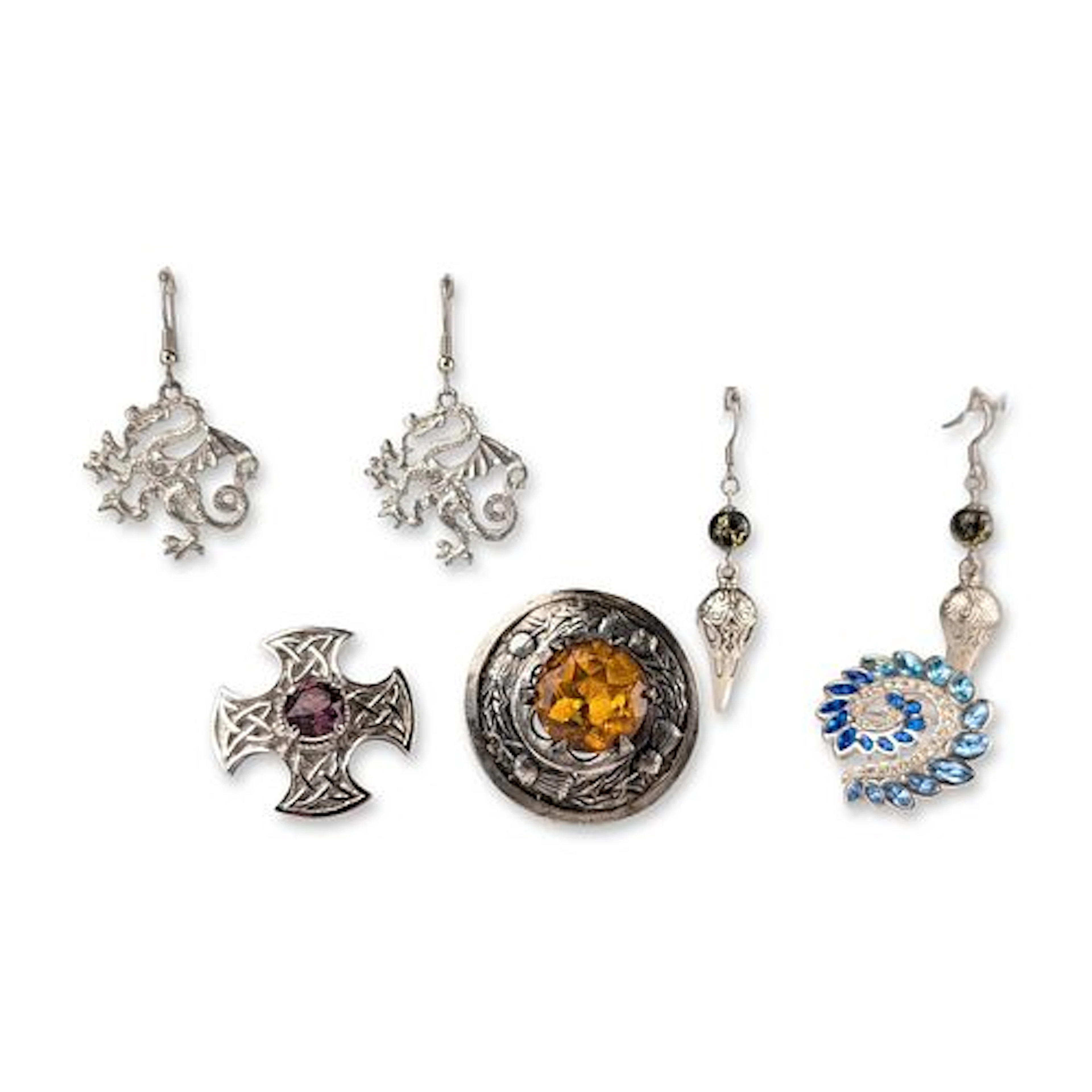 5pc CJ Scotland and Celtic Style Silver Tone Costume Jewelry Brooches
