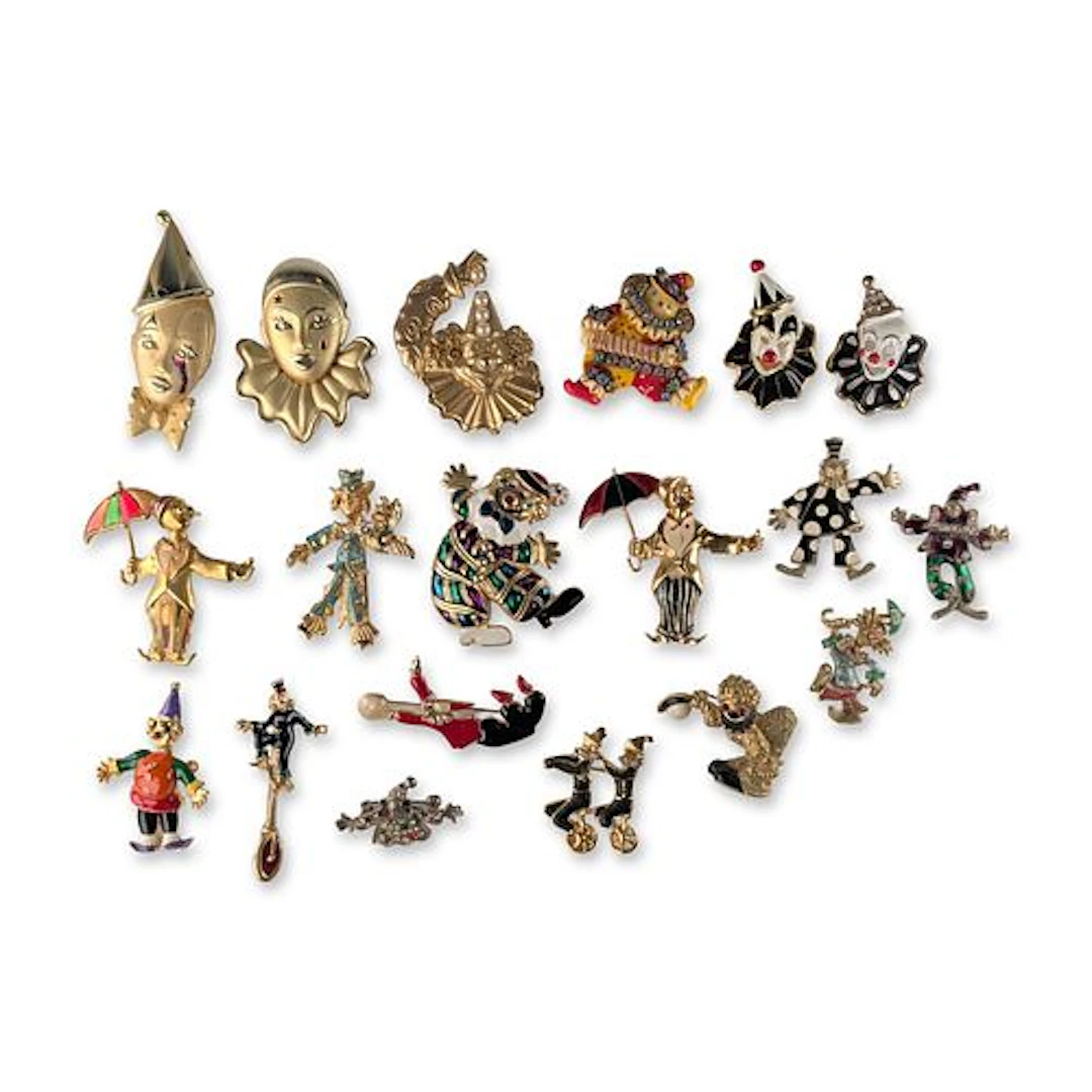 19pc Enameled and Rhinestone Clown Brooch Pins