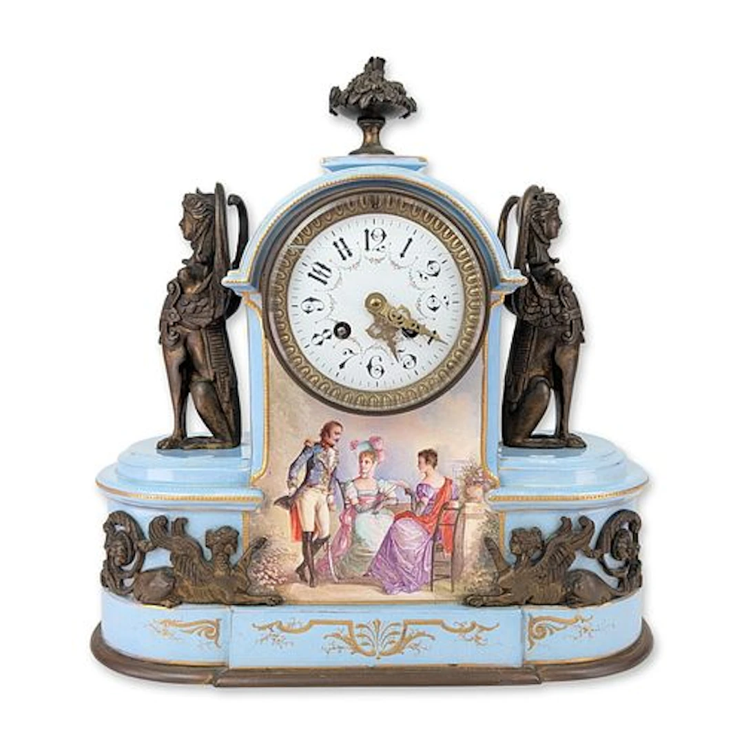 French Bleu Celeste Porcelain and Gilt Bronze Mantel Clock
