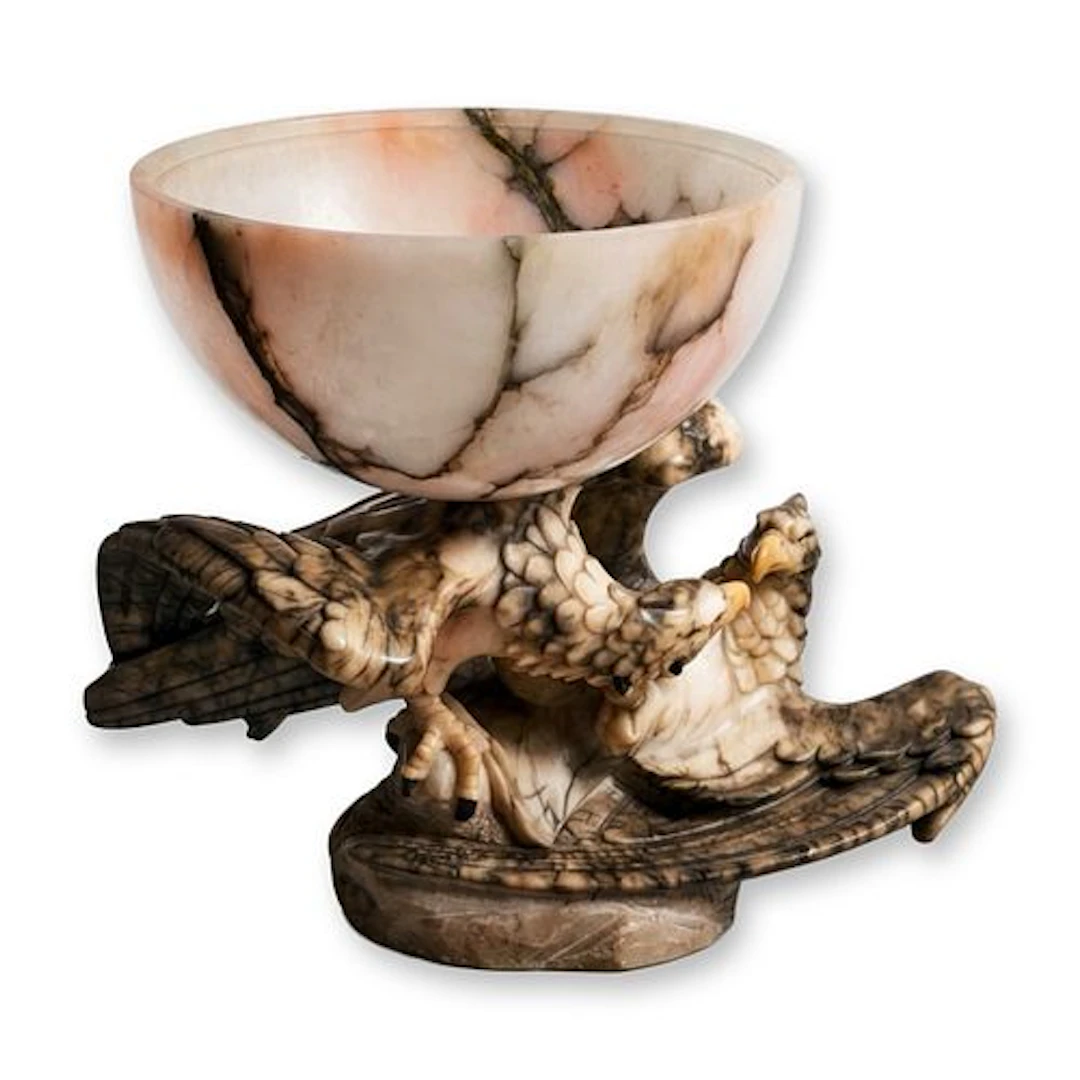 Italian Large Carved Alabaster Lamp Modelled with Two Eagles, Late 19th Century