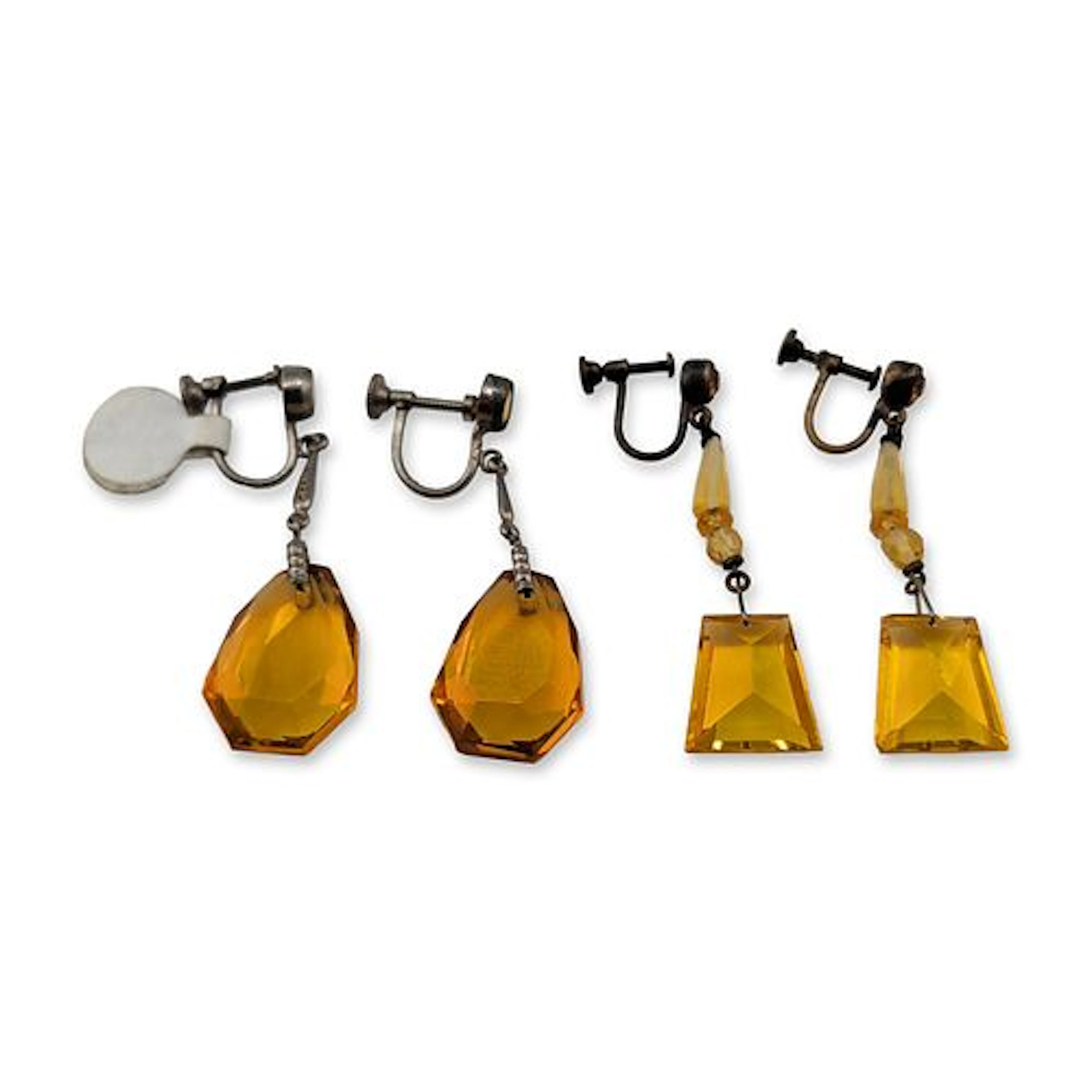2 Pairs of Czechoslovakian Faceted Amber Glass Dangle Earrings
