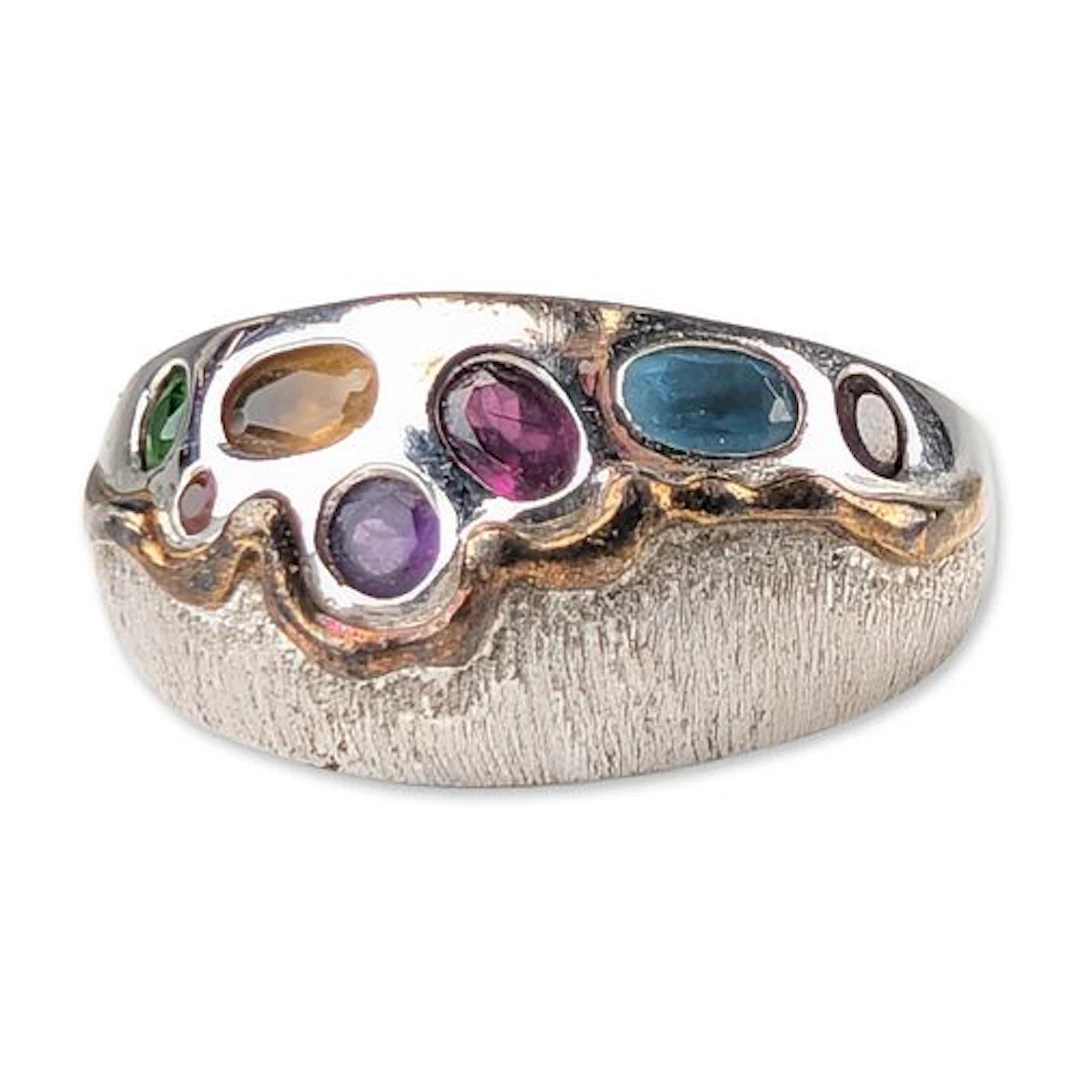Multi-Gemstone Sterling Silver Organic Motif Cocktail Ring