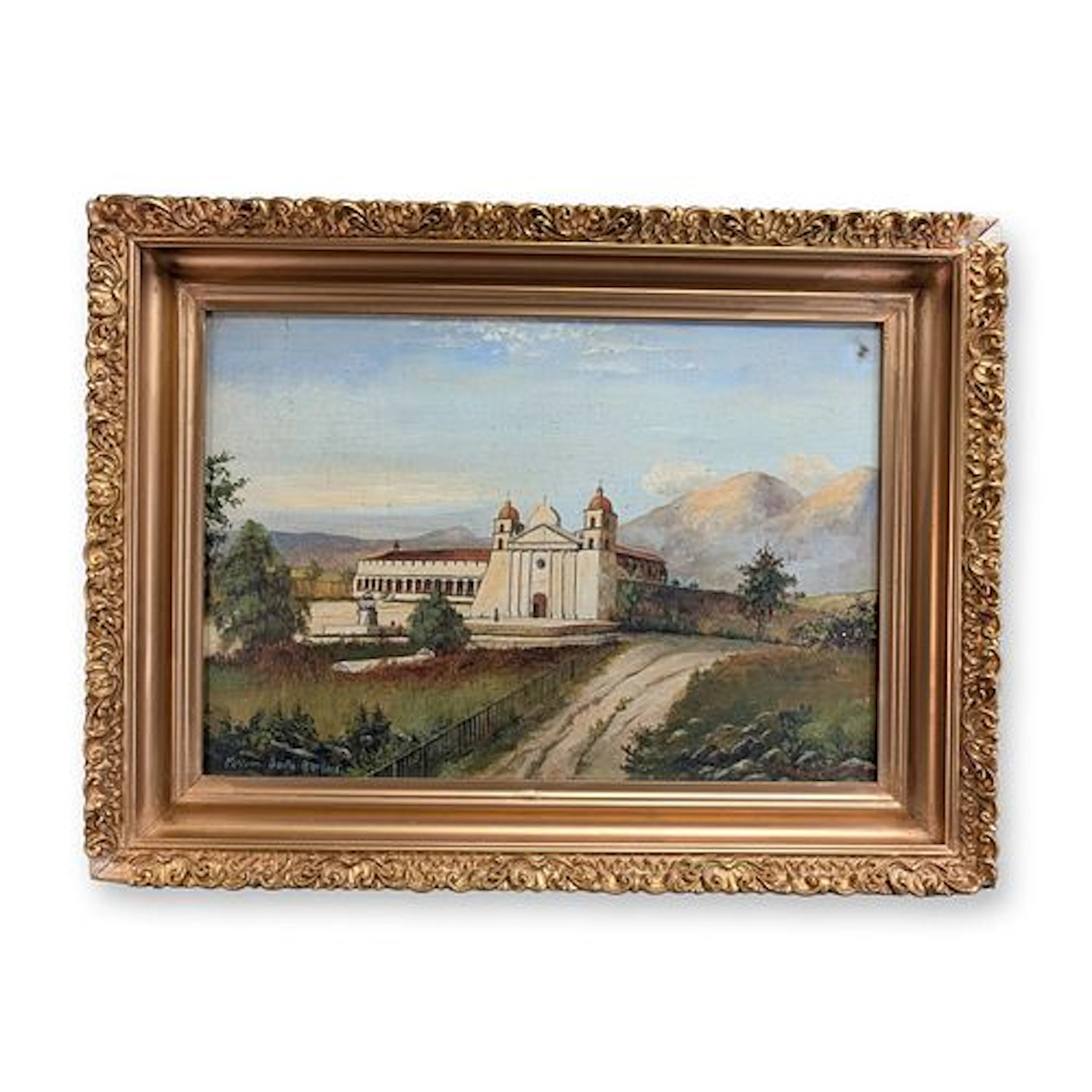 John Sikes (American 1859-1934) Oil on Panel, Old Mission Santa Barbara, Signed