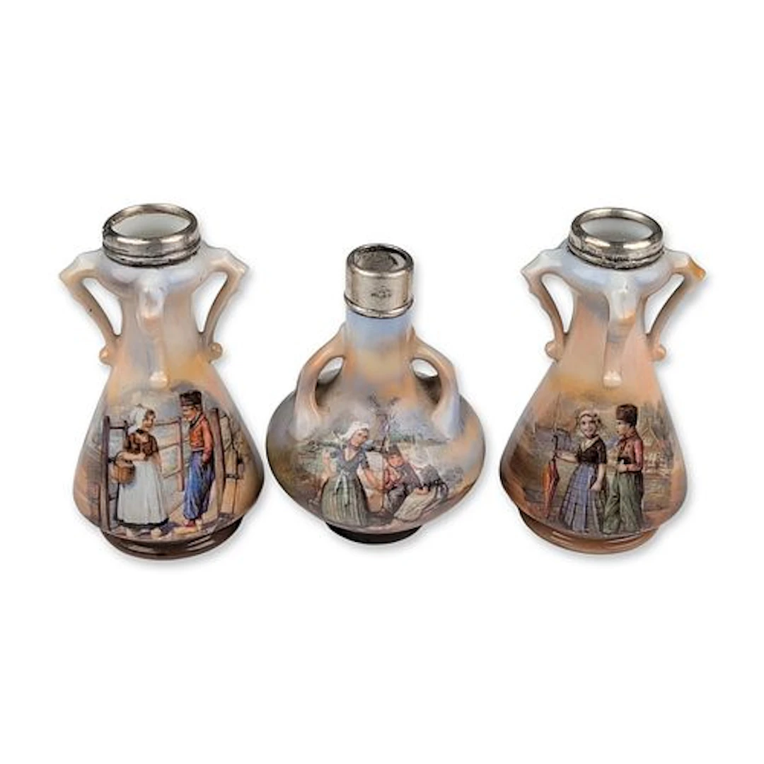 3pc Royal Bayreuth Bavaria Dutch Scene Porcelain Miniature Vases with