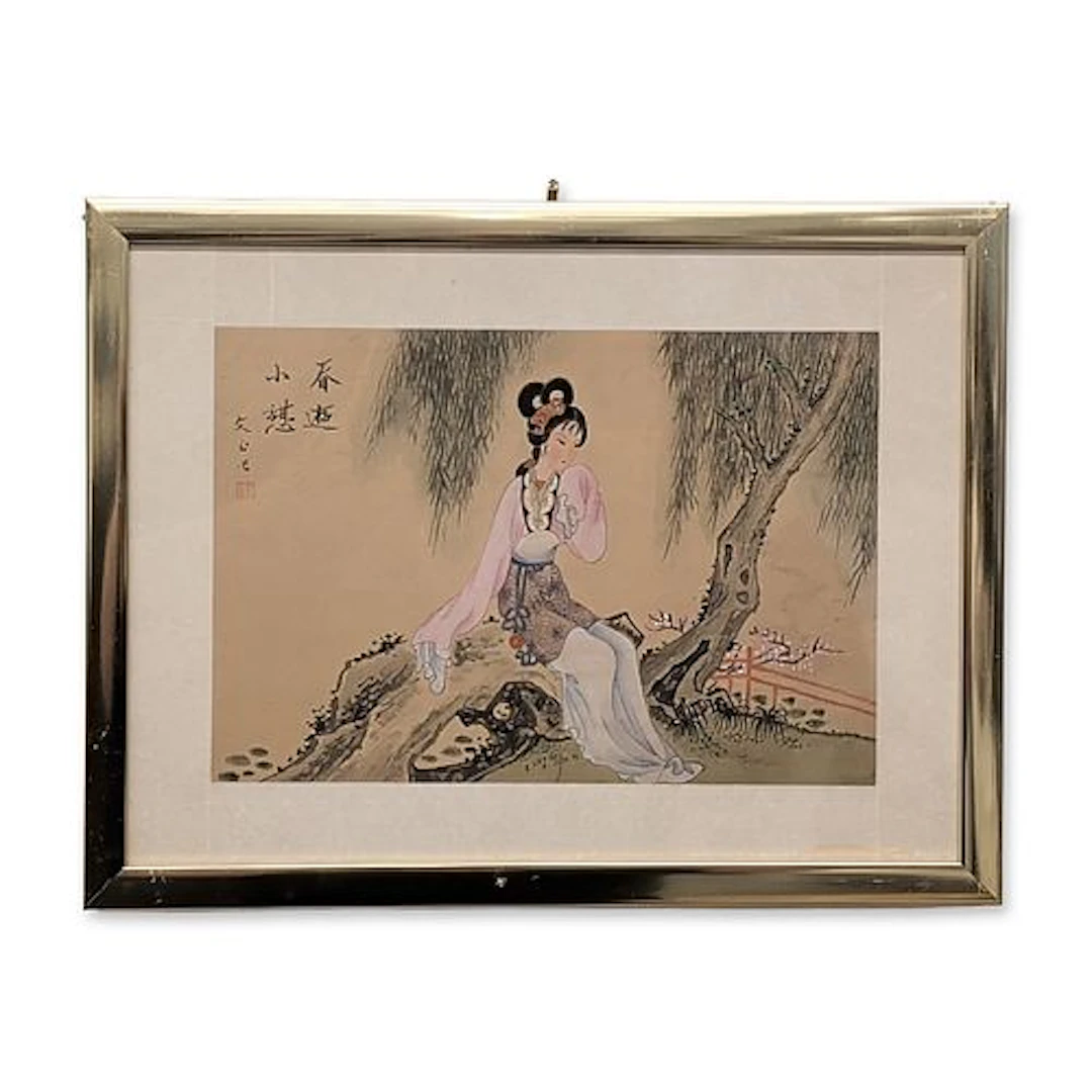 Chinese Gongbi Style Painting of Maiden in Spring Landscape, Signed w/ Seal
