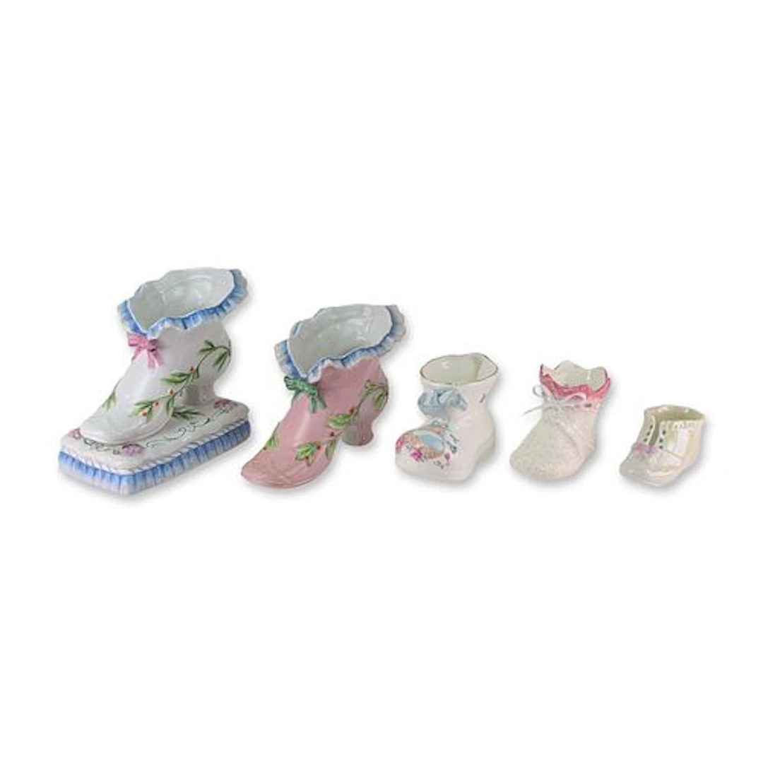 Collection of Five Porcelain and Ceramic Victorian Style Shoe Figurines
