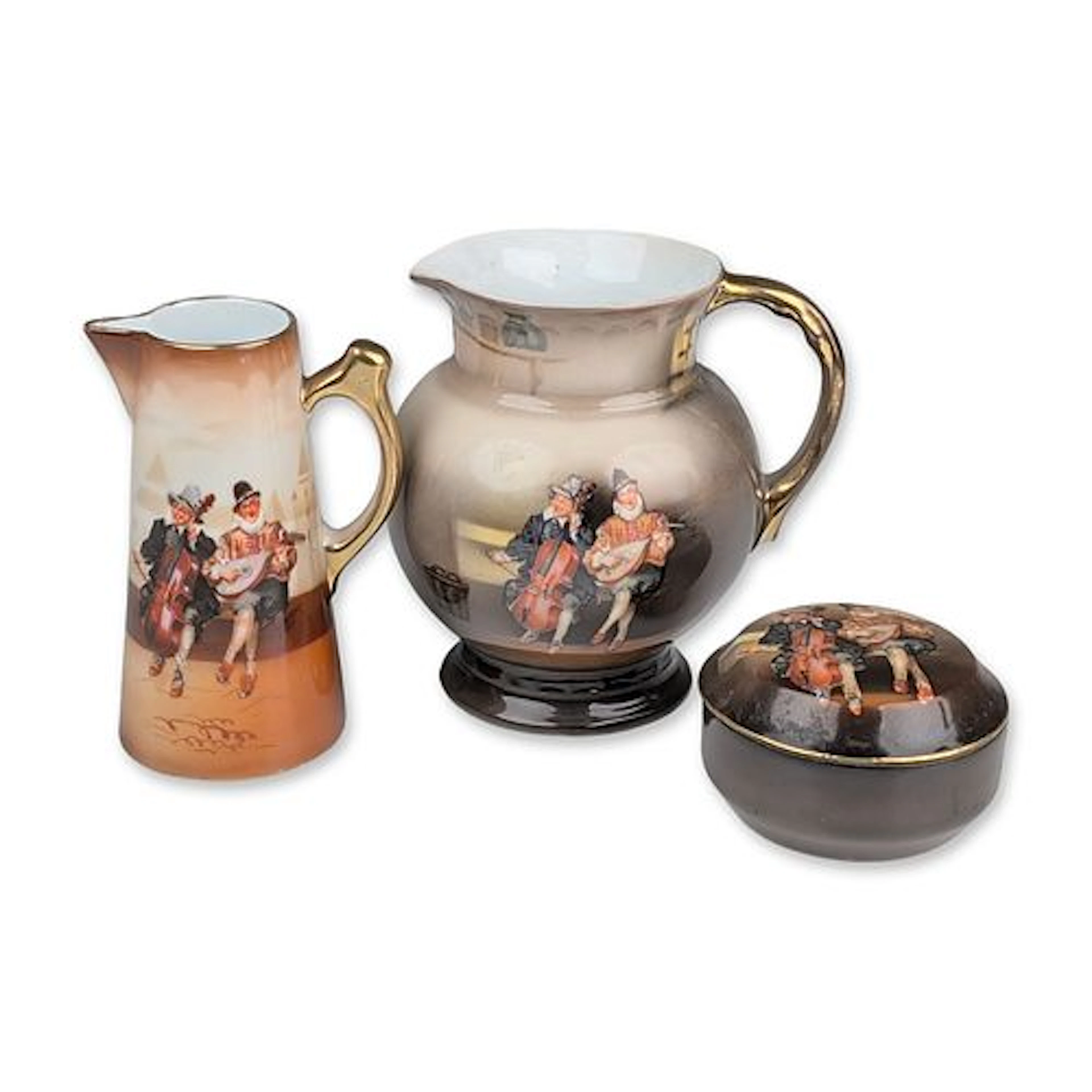 Royal Bayreuth Bavaria Musicians Porcelain Pitchers and Covered Jar