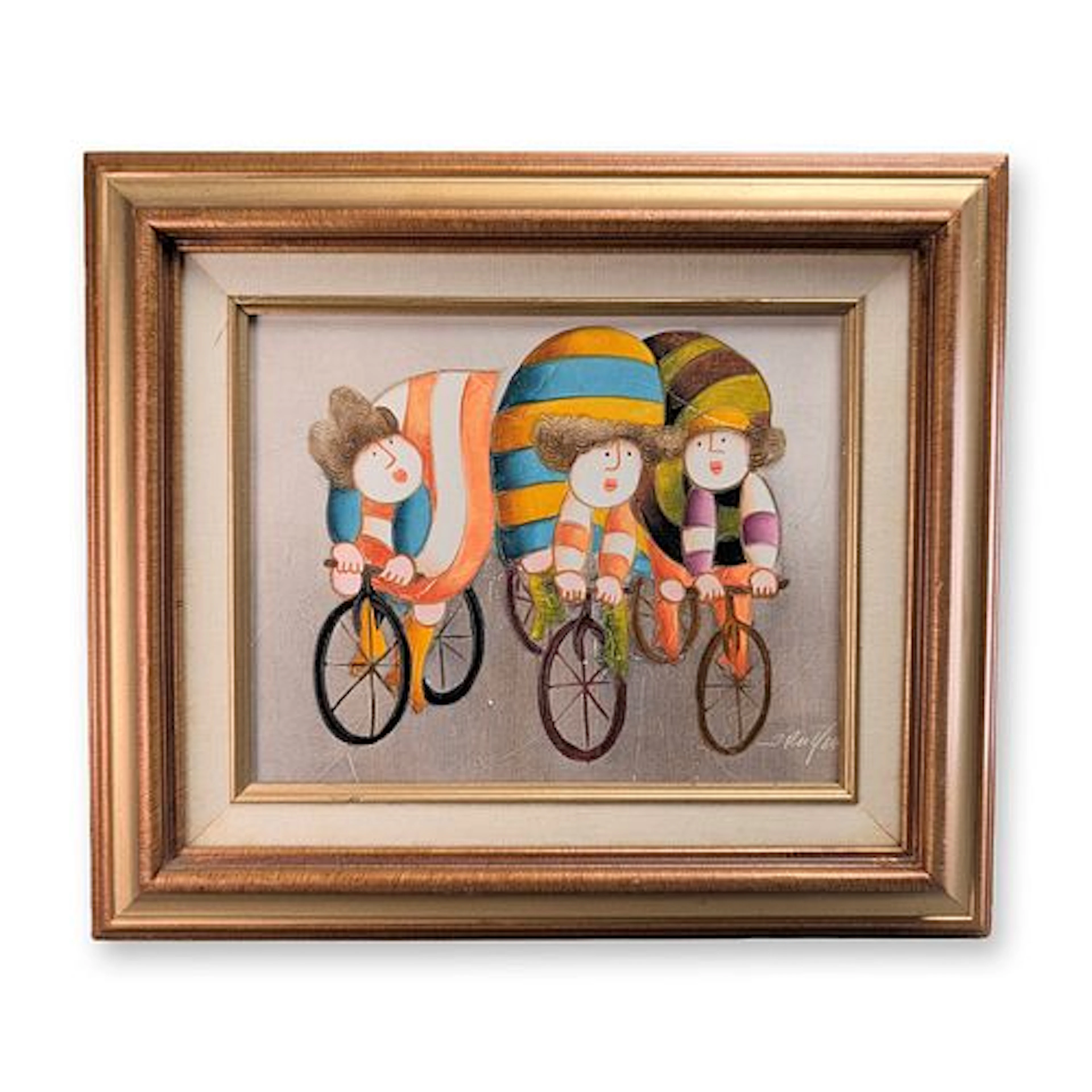 Joyce Roybal (American 20th century) Oil on Canvas, Three Unicycles, Signed