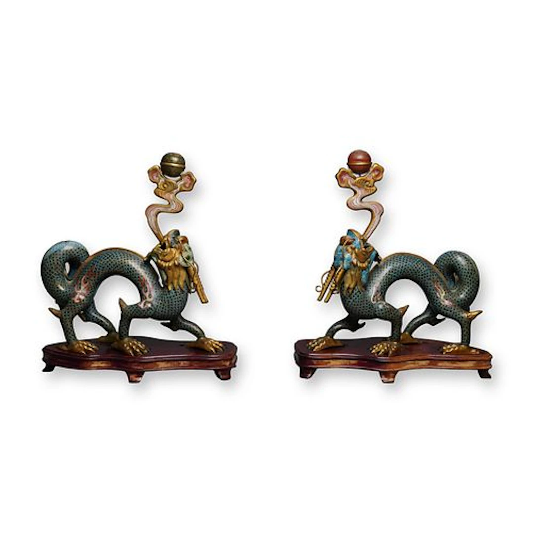 2pc Chinese Cloisonne Dragon-Form Pricket Candlesticks, Pair of Altar Ornaments